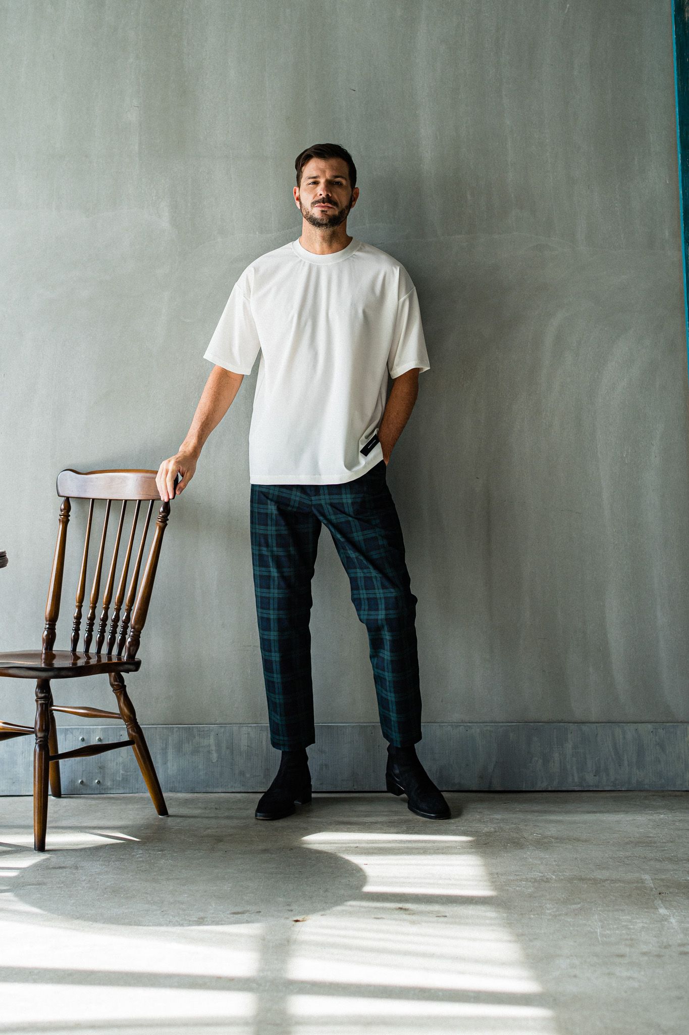 PAT WIDE EASY PANTS / RC32-ST-036 / ベルト付きテーパードワイドパンツ / グリーンチェック
