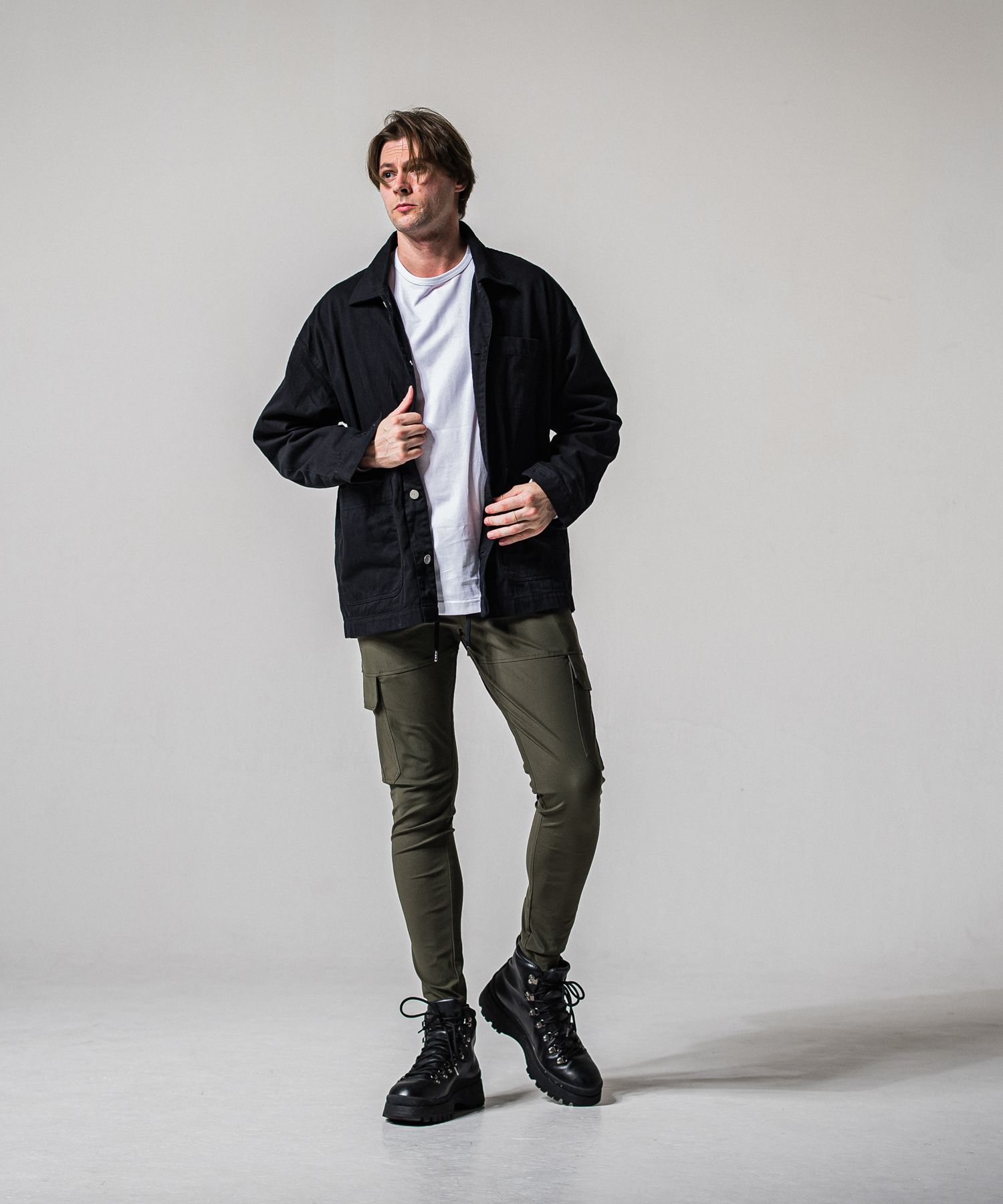 DARRELL CARGO PT / BASIC-ST-010 / ナイロン レザーラインカーゴパンツ / カーキ×レザーブラック (2月下旬入荷予定)