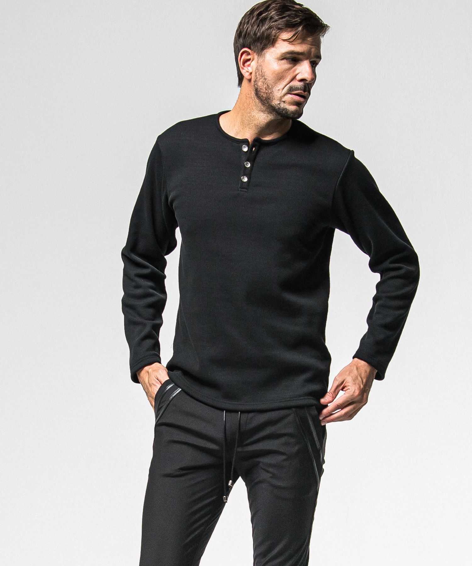 VELOURS FLEECE THERMAL HENRY / RC38-C-003 / 裏起毛サーマルヘンリーネックロングTシャツ / ブラック (10月中旬入荷予定)