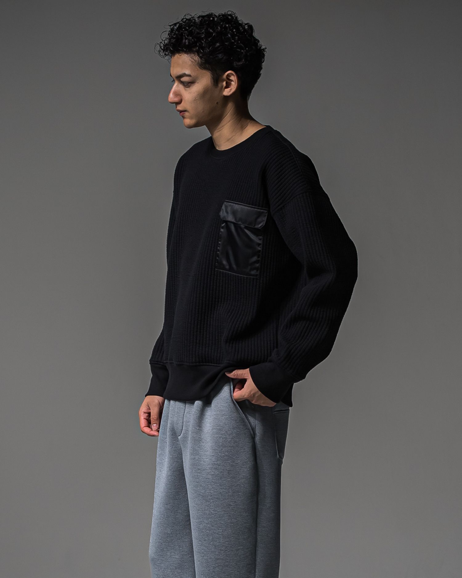 STRIPE QUILTING DROP TRAINER / RC37-C-003 / ストライプキルティングトレーナー / ブラック (9月下旬入荷予定)