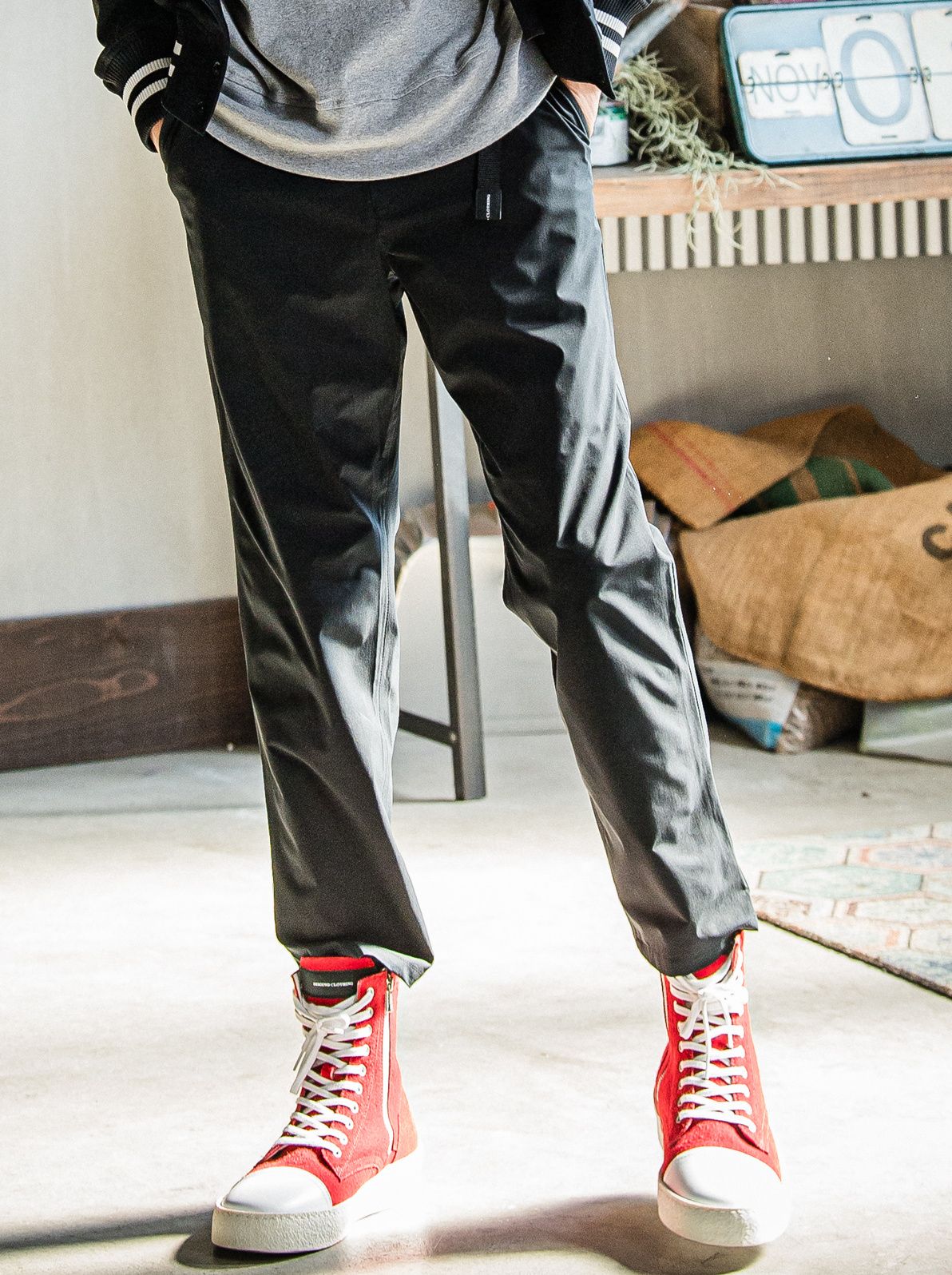 PAT WIDE EASY PANTS / RC31-ST-036 / ベルト付きテーパードワイドパンツ / ナイロンブラック