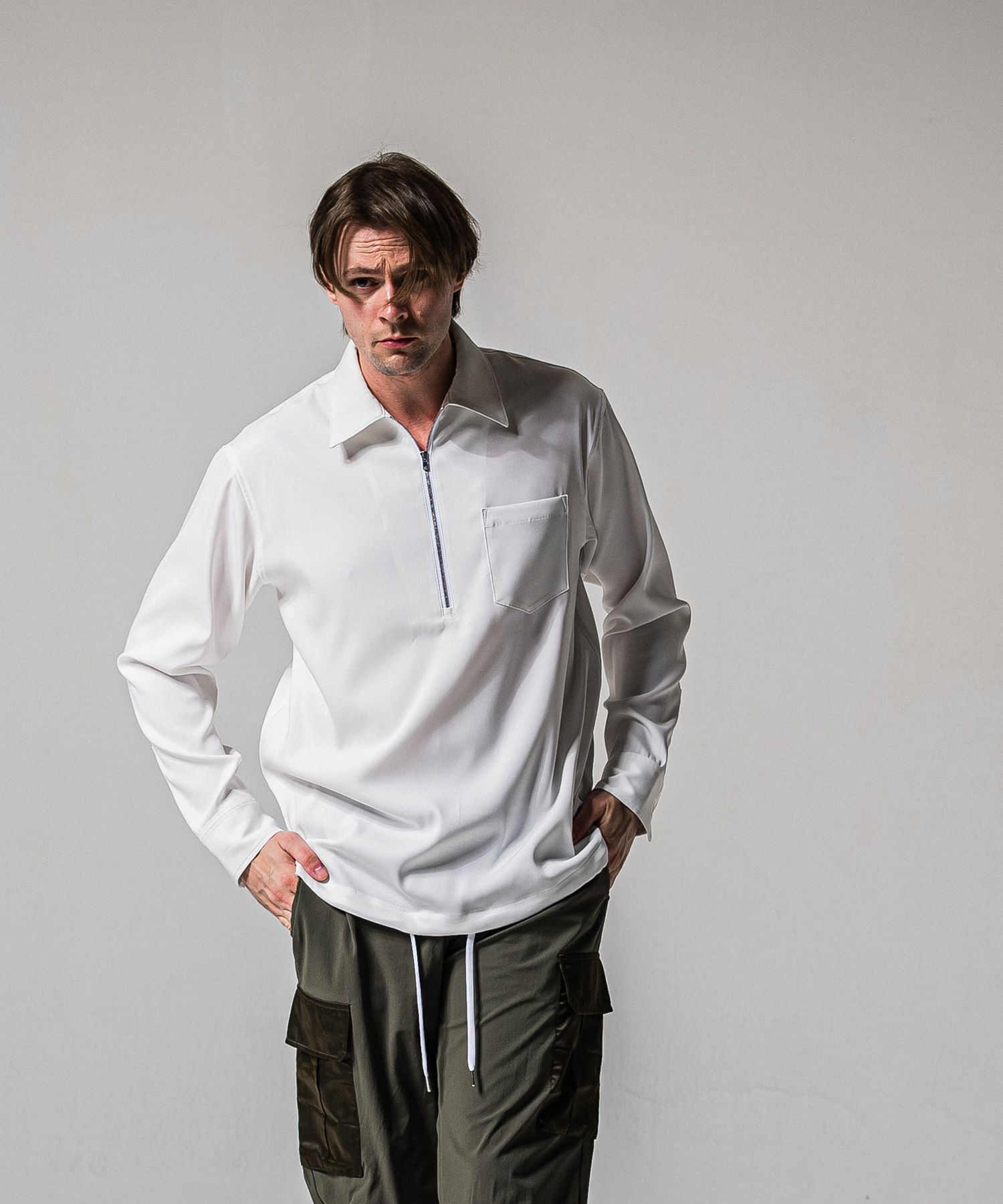 PULLOVER SATIN SHIRT / RC39-SH-002 / ハーフジップサテンシャツ / ホワイト (3月上旬入荷予定)