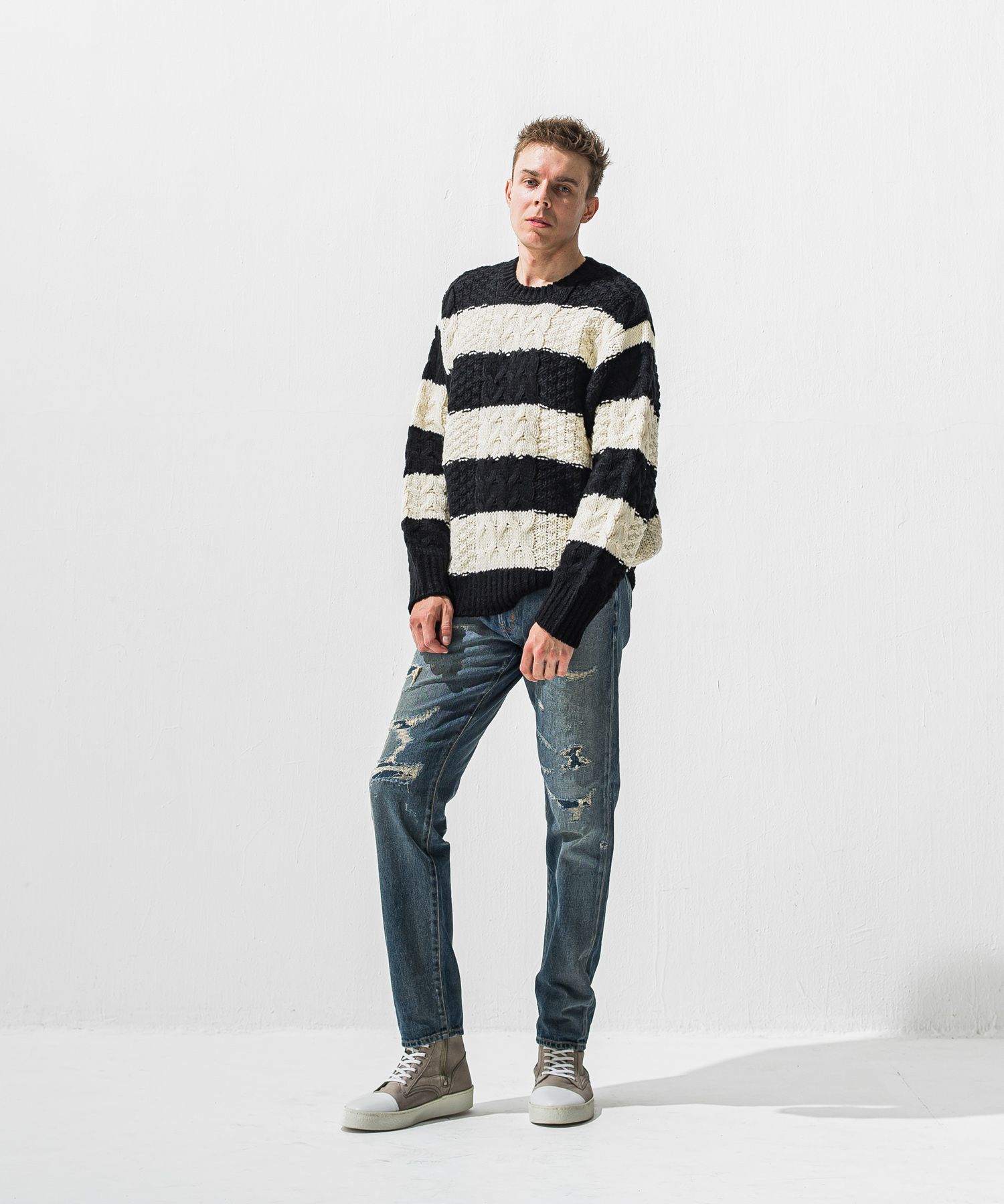 CABLE LAW SWEATER / RC42-K-002 / ケーブルニット / ブラック×ホワイト (10月下旬入荷予定)