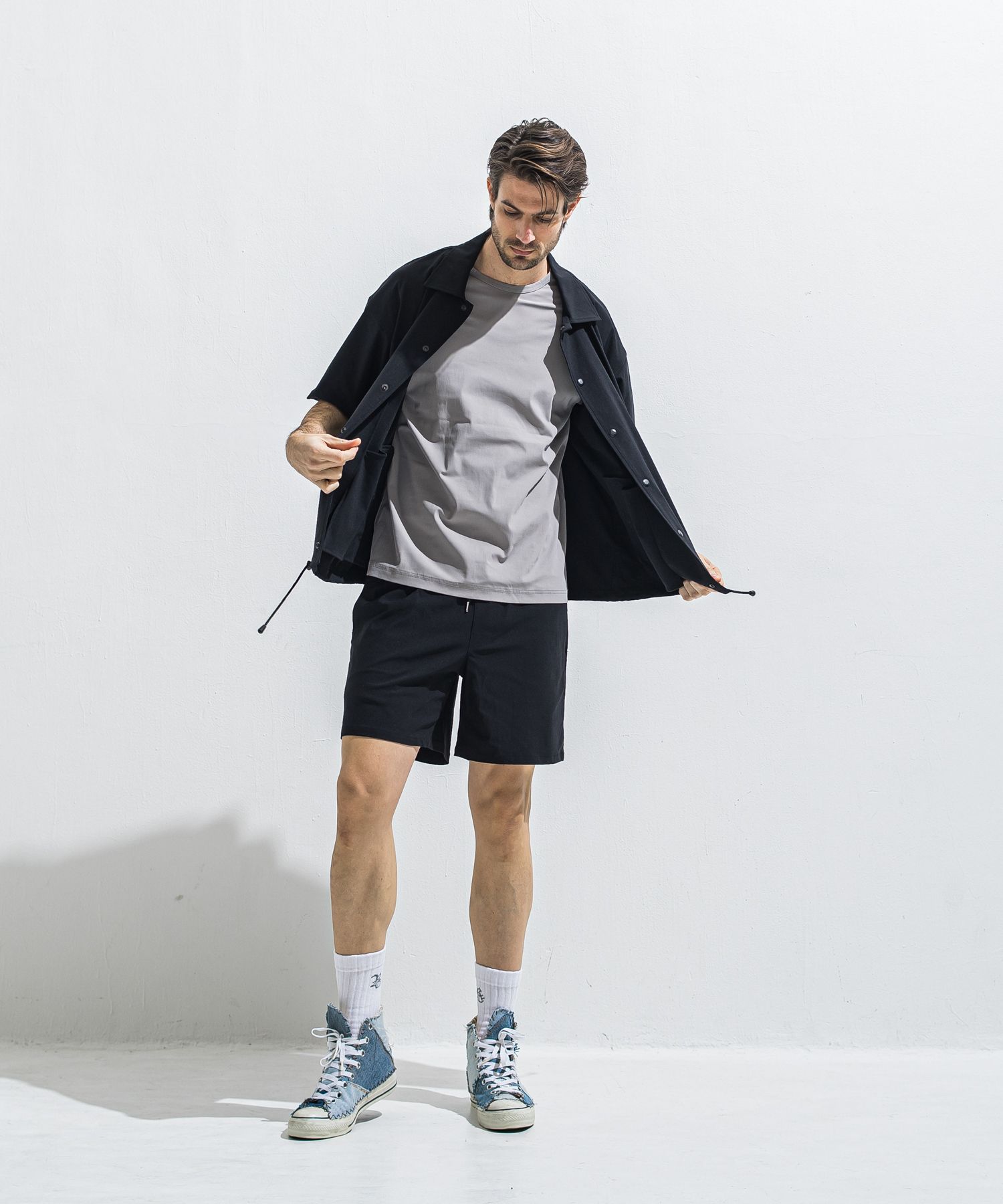 NYLON HALF COACH JACKET / RC40-C-002 / 半袖ナイロンコーチジャケット / ブラック (5月中旬入荷予定)