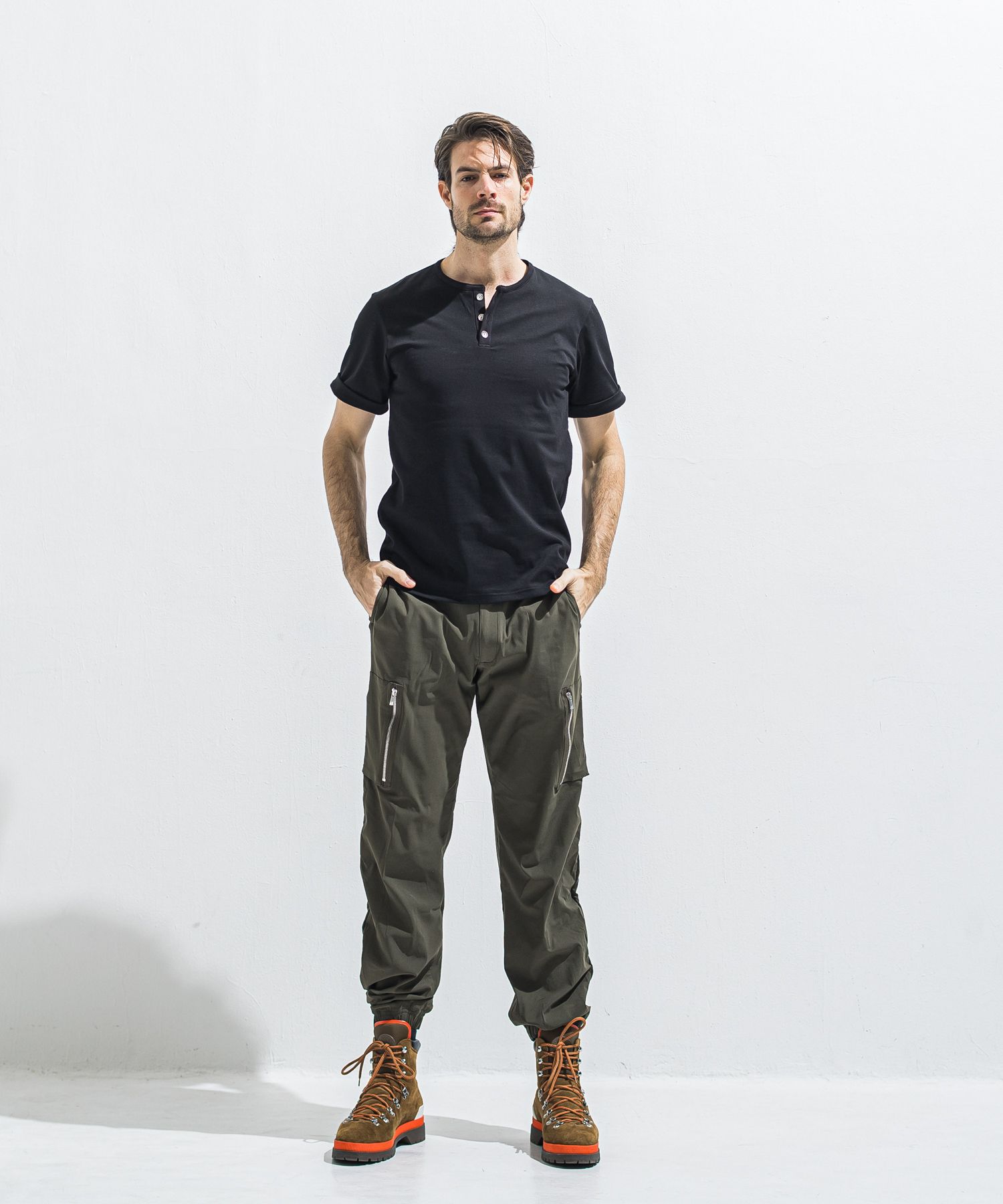 DAVID NYLON CARGO PANTS / RC40-ST-040 / ミリタリーナイロン裾ゴムカーゴパンツ / カーキ (6月中旬入荷予定)