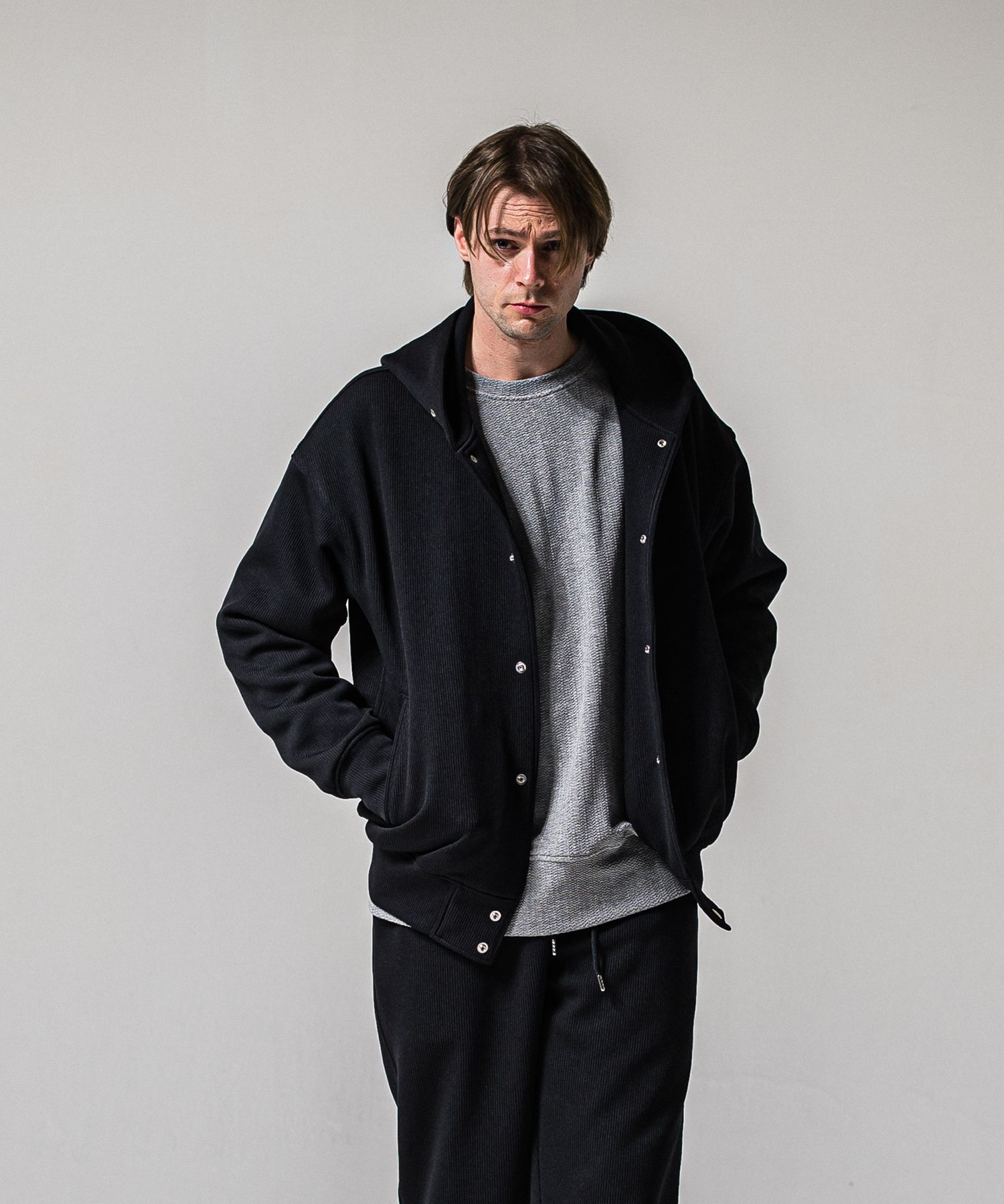 AZE VARSITY HOODIE / RC39-C-006 / 高機能畦編みニットトレーナー / ブラック (1月中旬入荷予定)