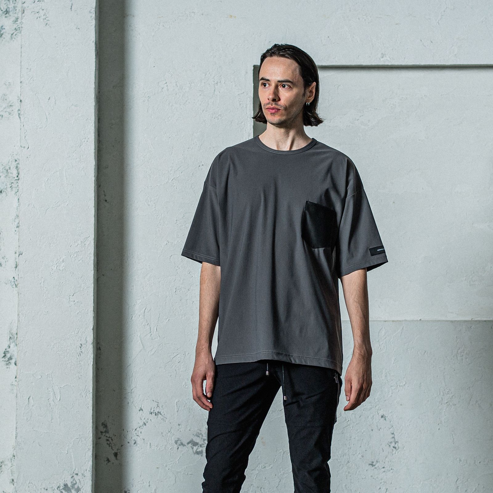 LEATHER POCKET OVER NYLON T / RC35-T-005 / レザーポケットナイロンビッグTシャツ / グレー