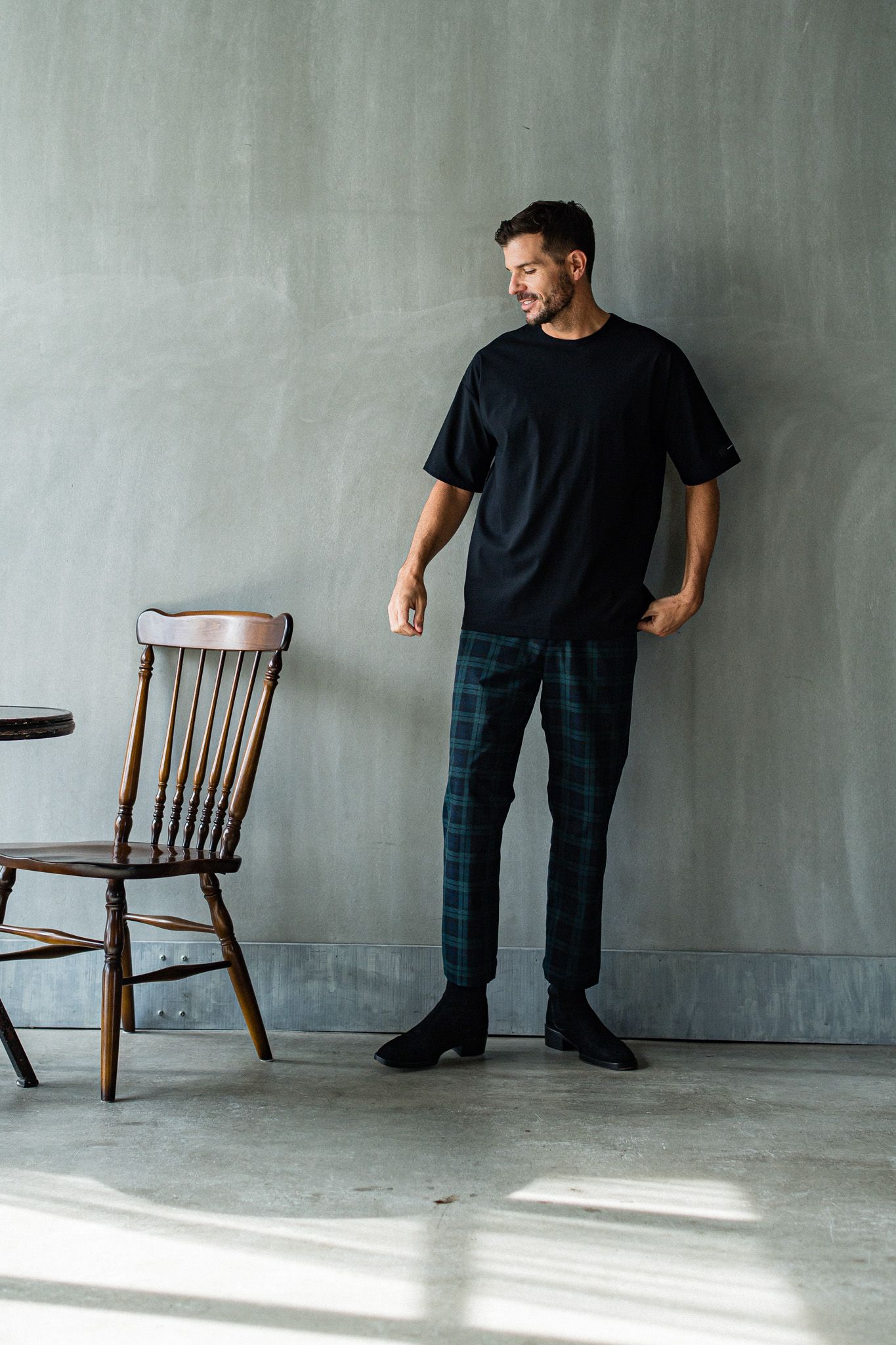 PAT WIDE EASY PANTS / RC32-ST-036 / ベルト付きテーパードワイドパンツ / グリーンチェック