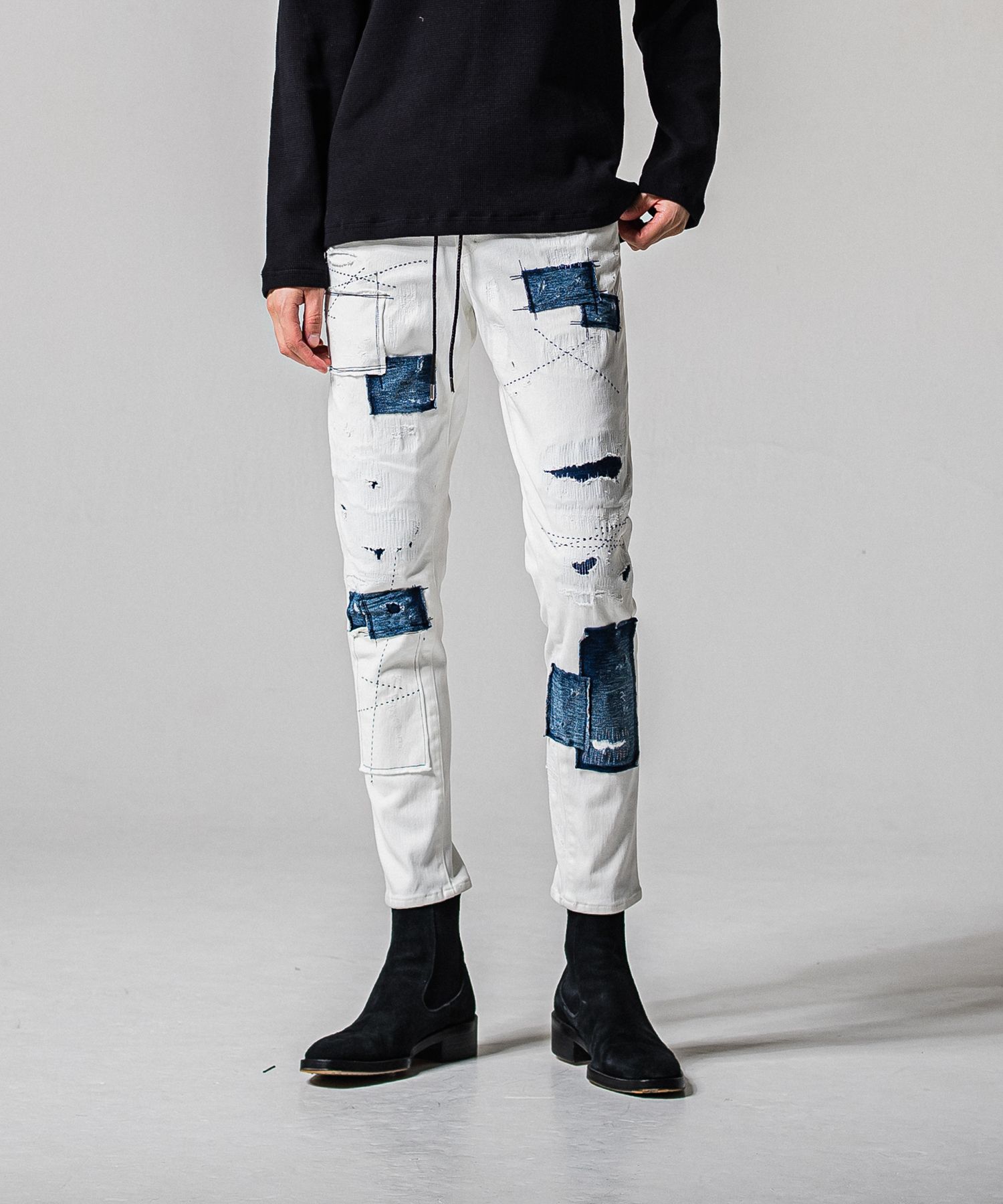 MICK DENIM JERSEY / BASIC-ST-020 / デニムジャージテーパードパンツ / ホワイトリメイク (2月中旬入荷予定)