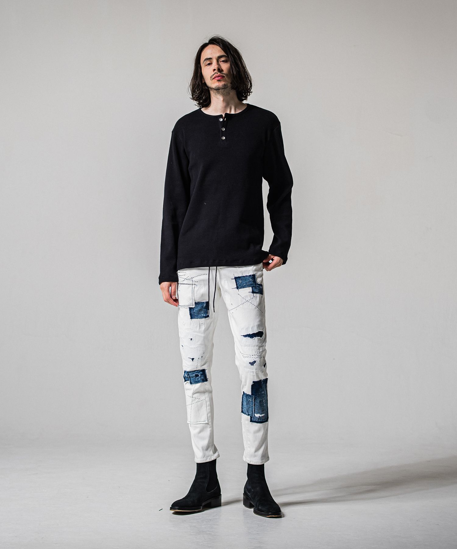 MICK DENIM JERSEY / BASIC-ST-020 / デニムジャージテーパードパンツ / ホワイトリメイク (2月中旬入荷予定)