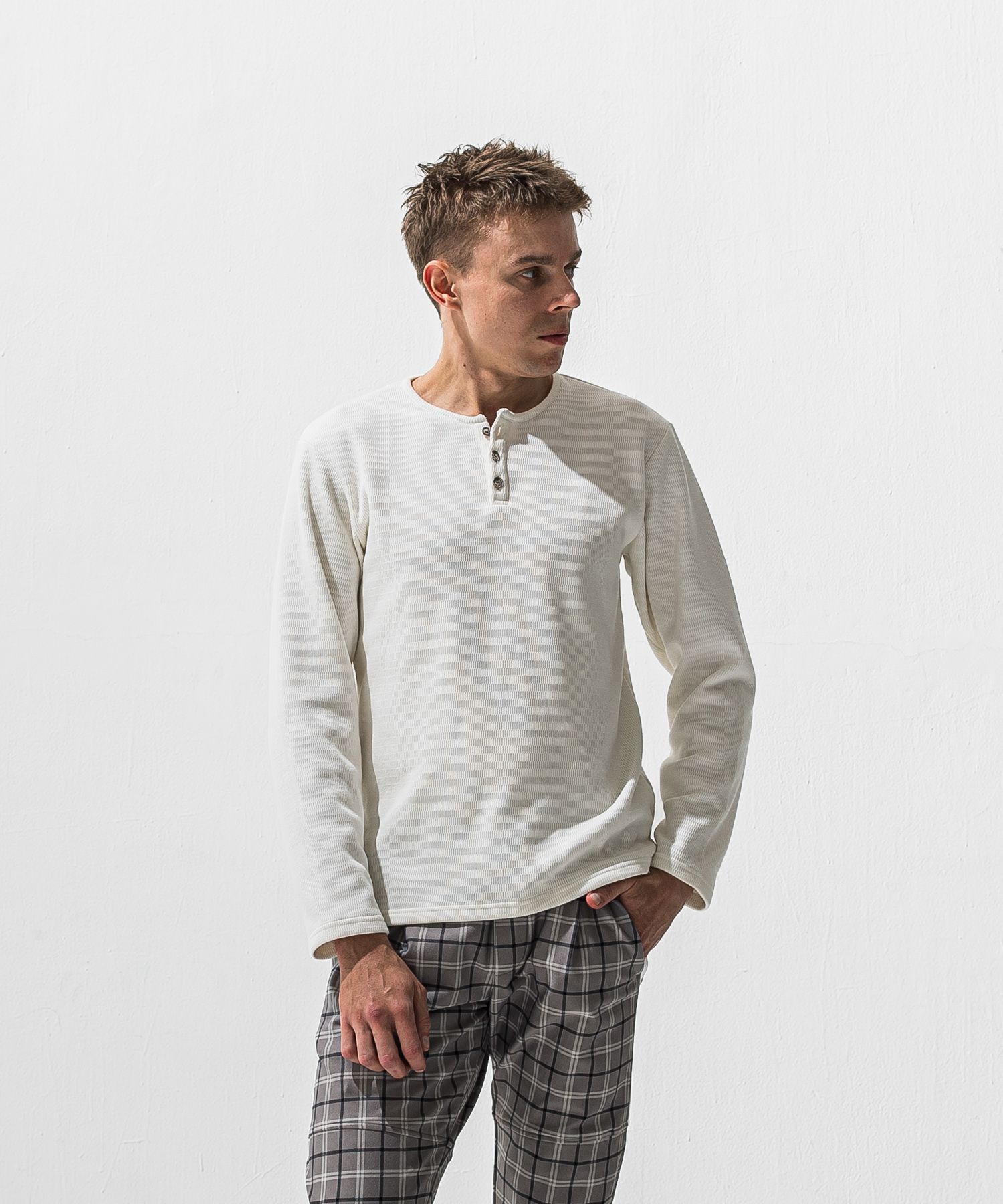 VELOURS FLEECE THERMAL HENRY / RC42-C-003 / 裏起毛サーマルヘンリーネックロングTシャツ / ホワイト (10月下旬入荷予定)