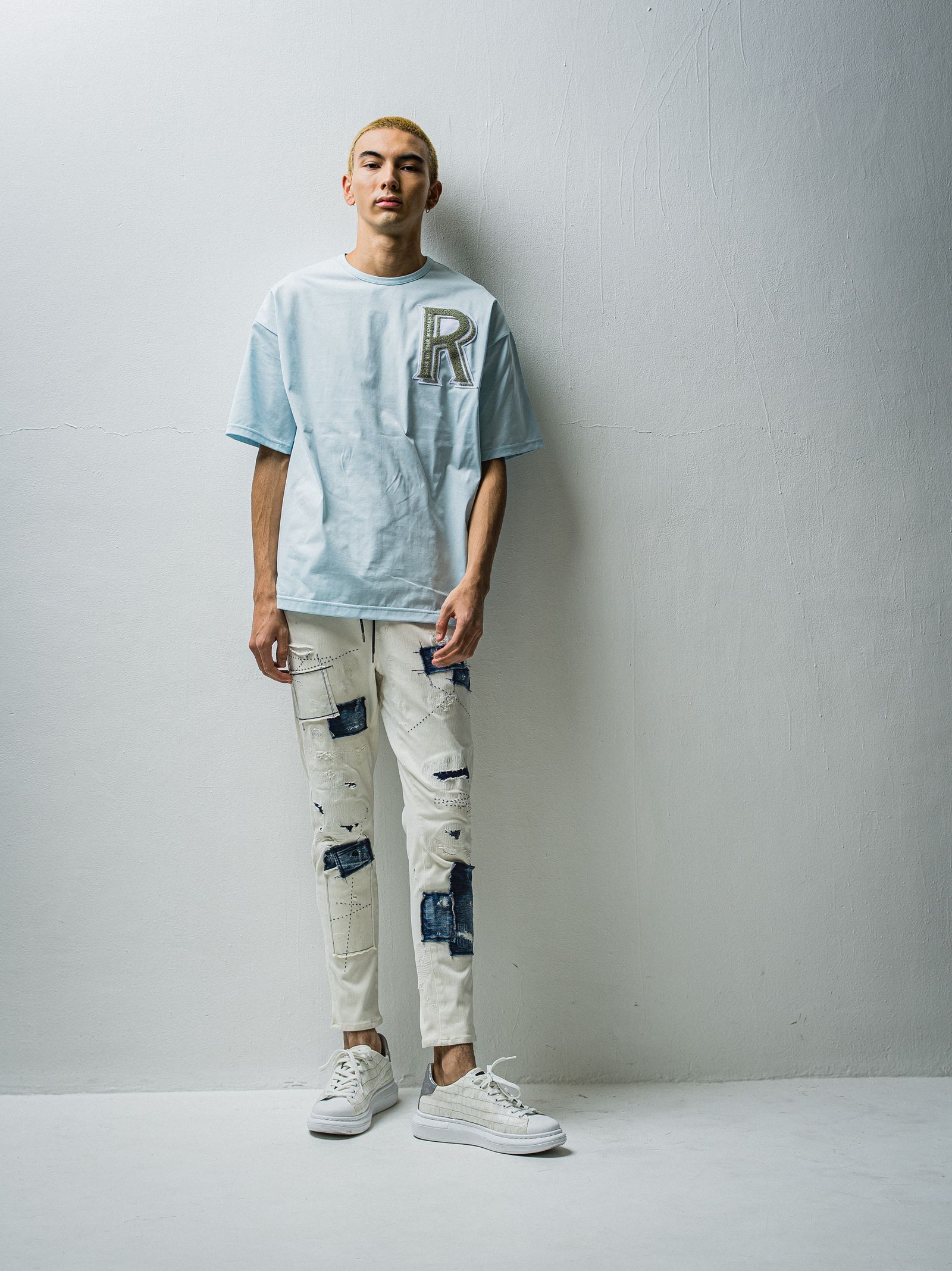 R CHENILLE LOOSE TEE / RC27-T-004 / 刺繍ワッペンビッグTシャツ / サックス※