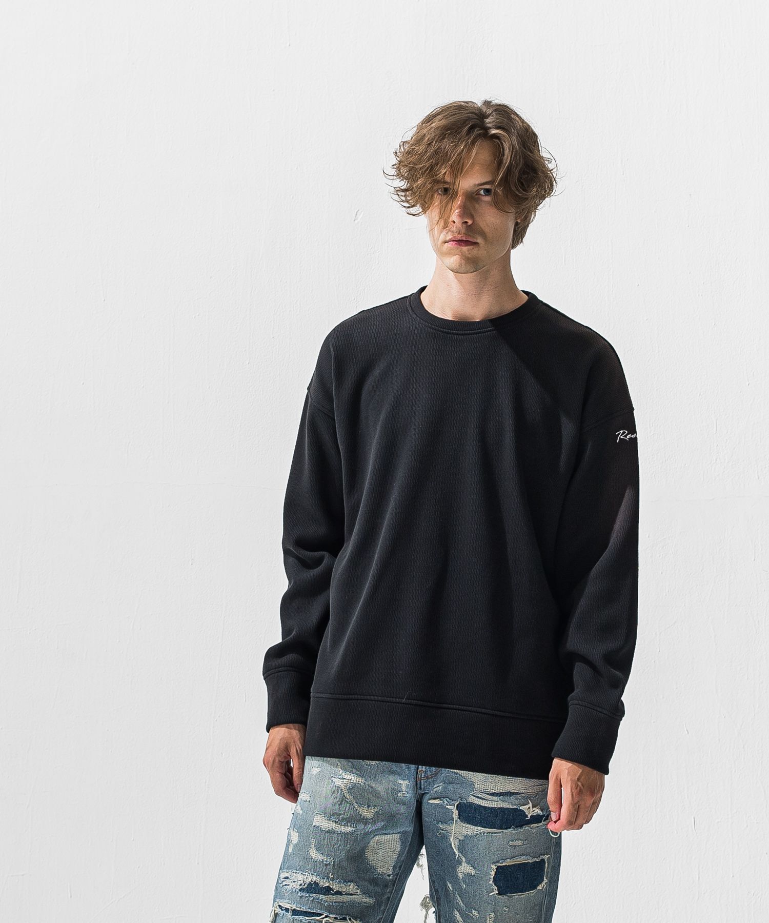 VELOURS FLEECE THERMAL LOOSE TRAINER / RC42-C-002 / 裏起毛サーマルトレーナー / ブラック (10月下旬入荷予定)