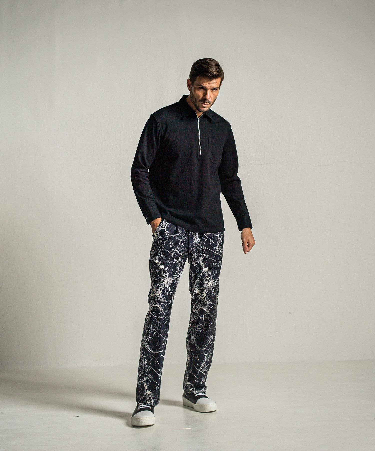 WIDE TUCK PANTS / RC34-ST-016WT / ペイント柄ワイドタックパンツ / ブラック