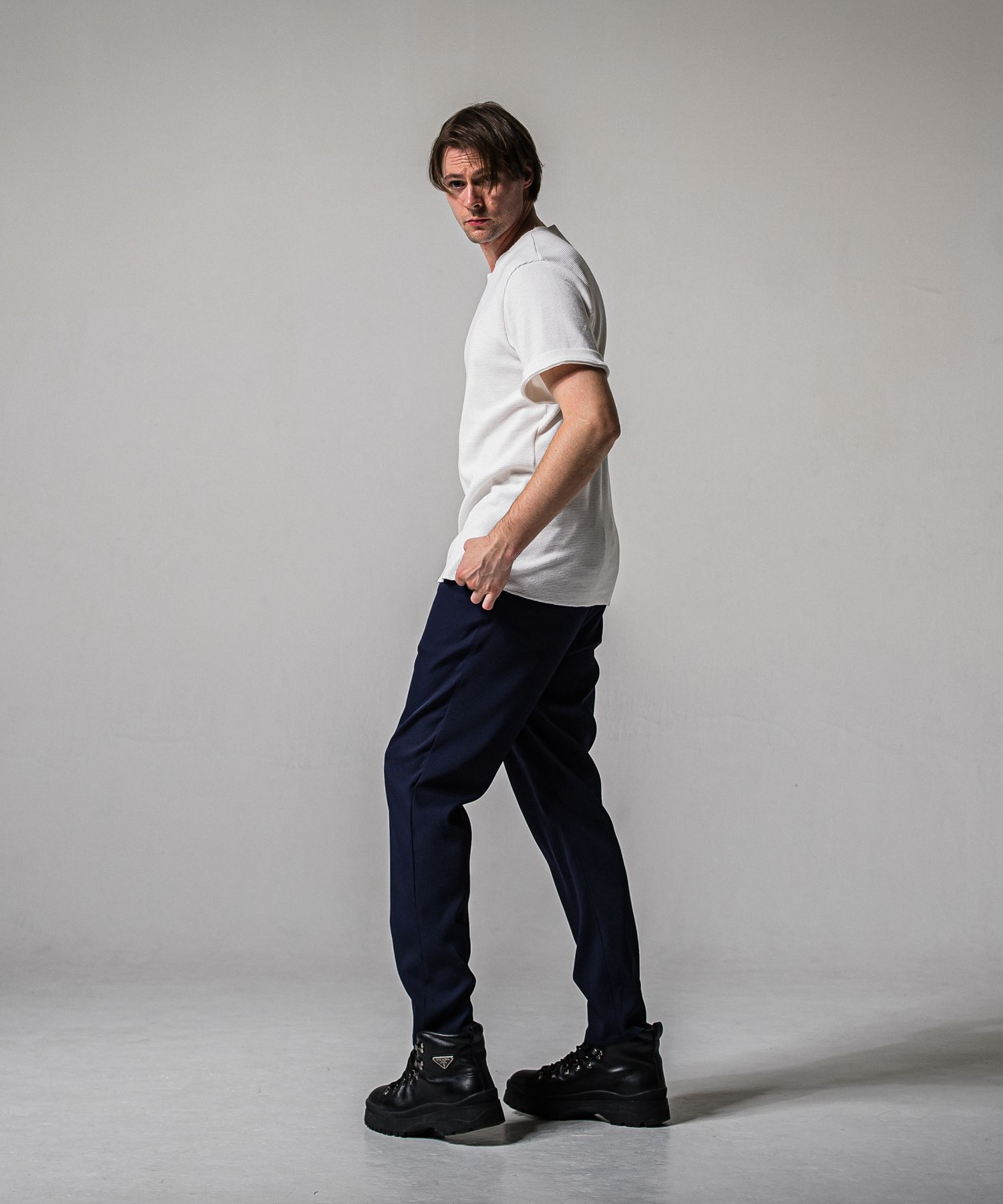 PAT WIDE EASY PANTS / RC39-ST-036BN / サテンワイドテーパードパンツ / ネイビー (2月下旬入荷予定)