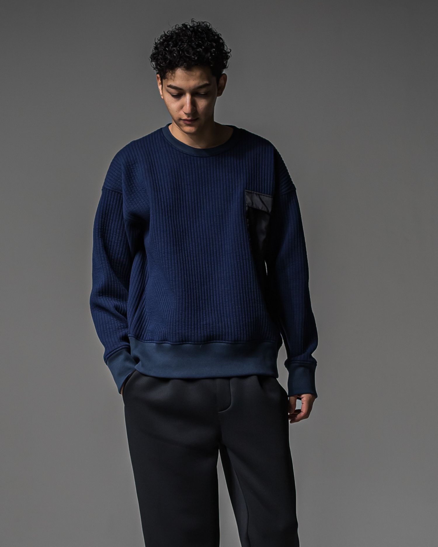 STRIPE QUILTING DROP TRAINER / RC37-C-003 / ストライプキルティングトレーナー / ネイビー (9月下旬入荷予定)