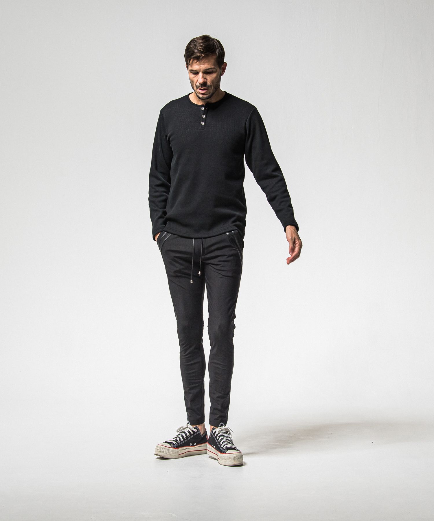 VELOURS FLEECE THERMAL HENRY / RC38-C-003 / 裏起毛サーマルヘンリーネックロングTシャツ / ブラック (10月中旬入荷予定)