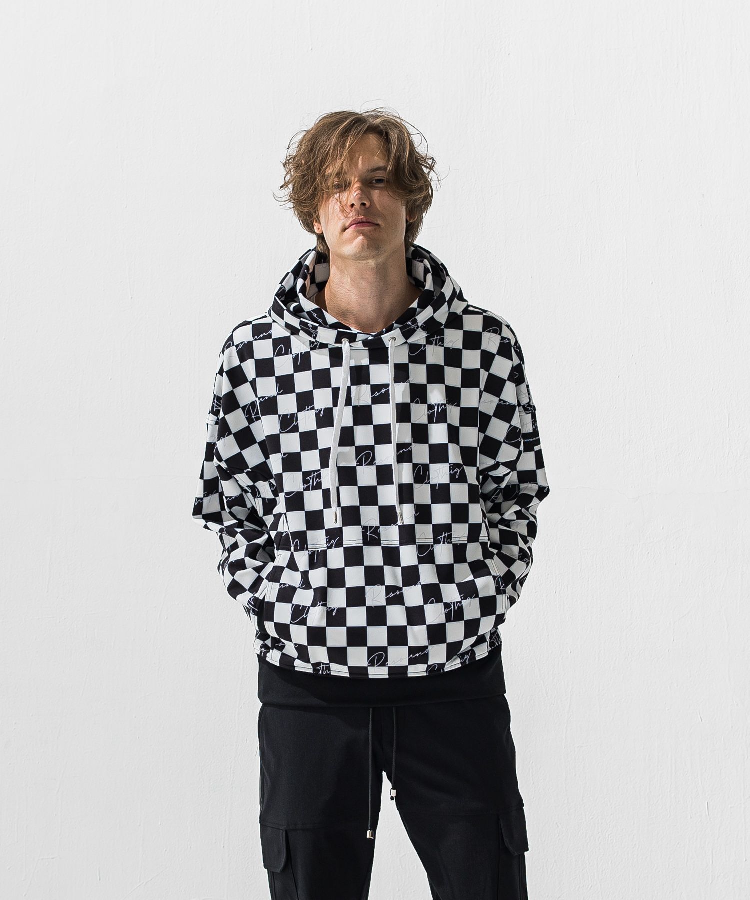 CHECKER BACK FLEECE HOODIE / RC42-C-009 / 裏起毛チェッカー柄プルオーバーパーカー / ホワイト×ブラック (11月上旬入荷予定)