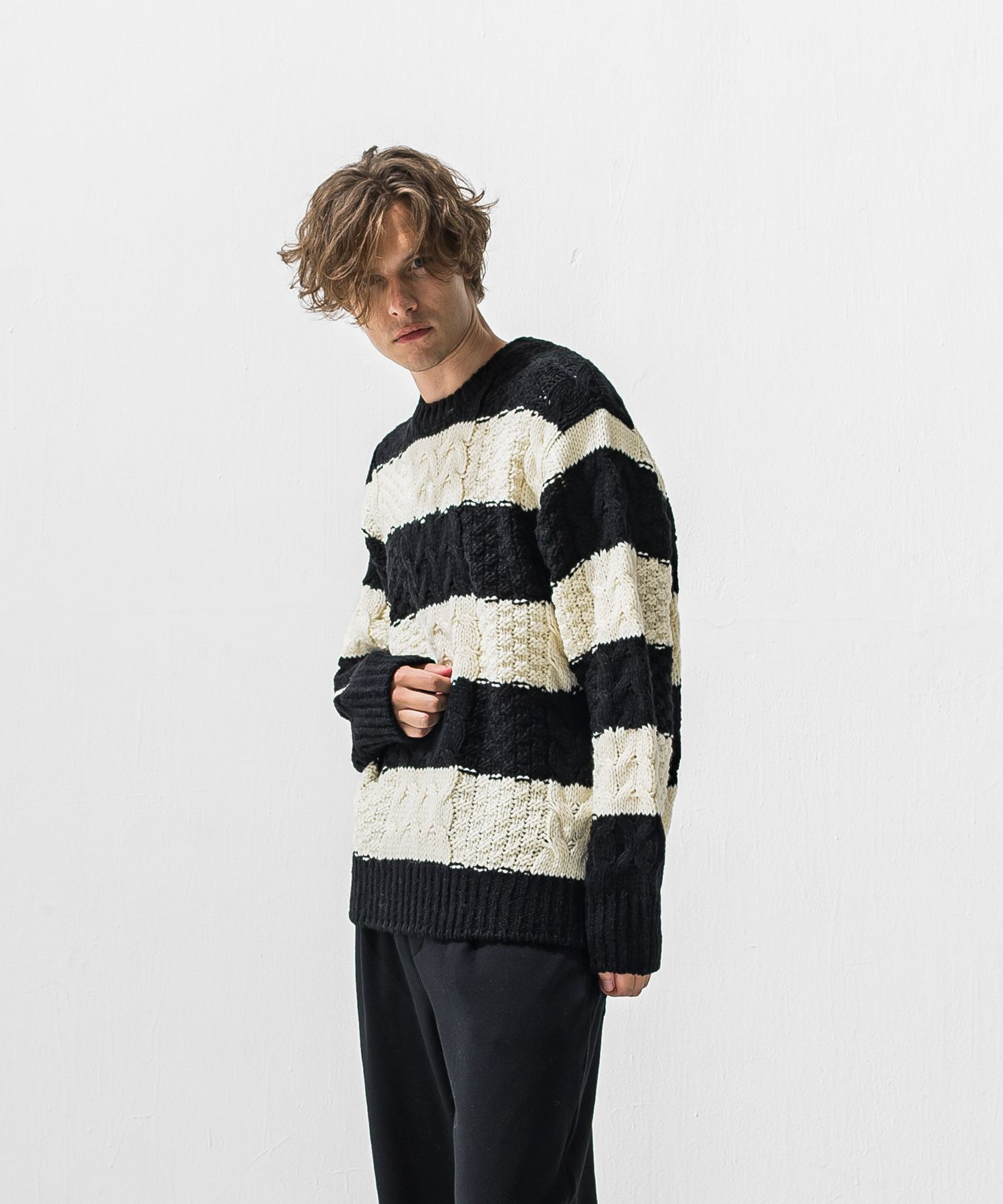 CABLE LAW SWEATER / RC42-K-002 / ケーブルニット / ブラック×ホワイト (10月下旬入荷予定)