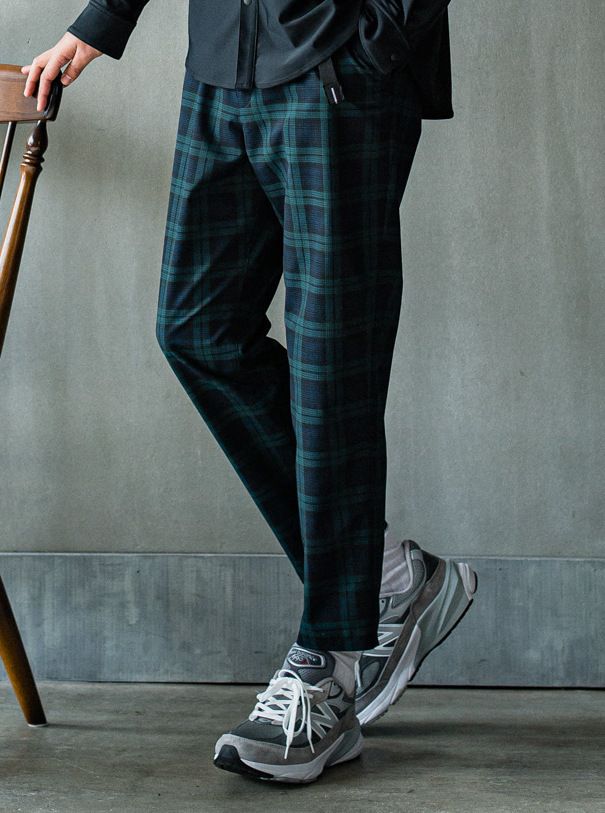 PAT WIDE EASY PANTS / RC32-ST-036 / ベルト付きテーパードワイドパンツ / グリーンチェック