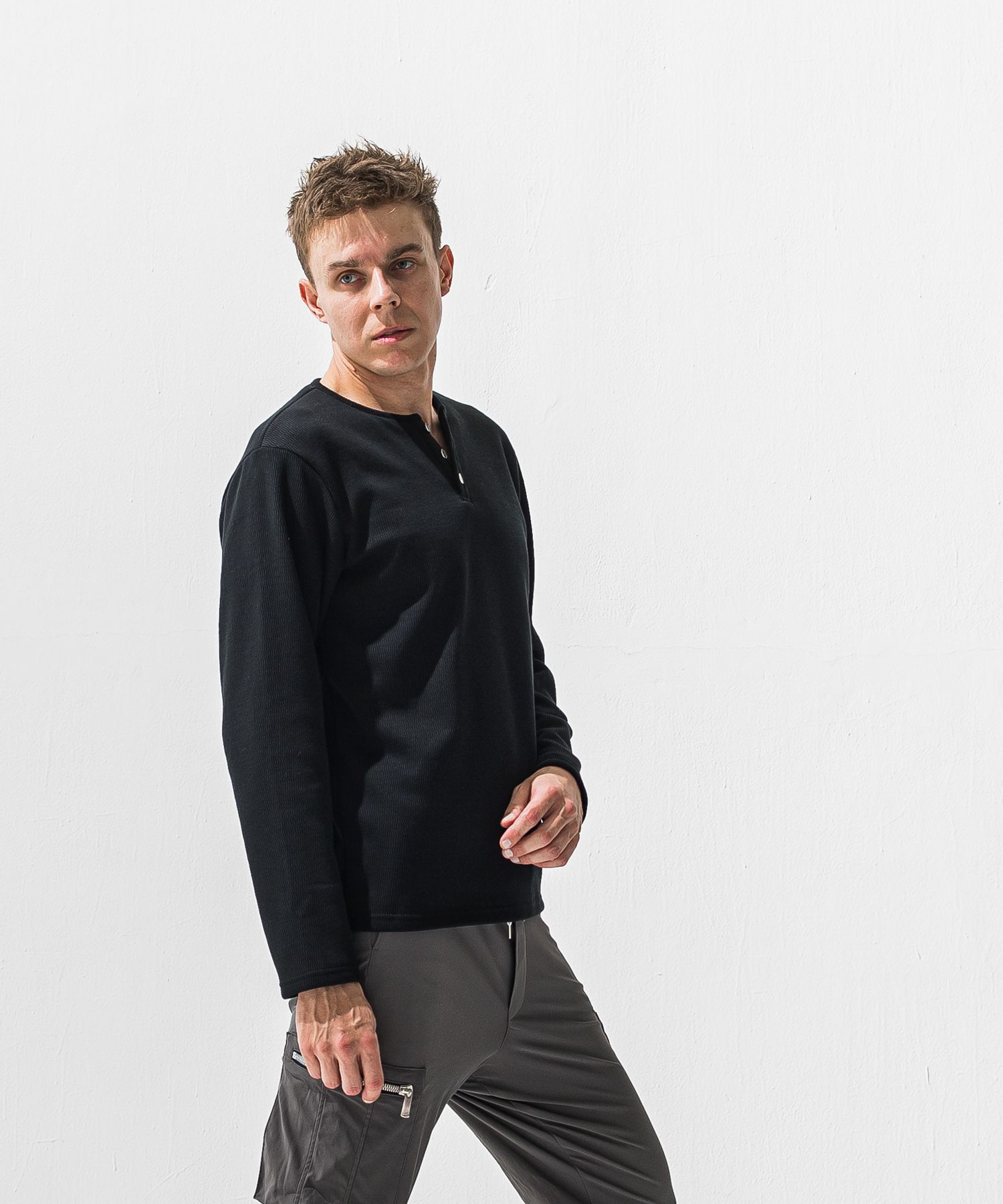 VELOURS FLEECE THERMAL HENRY / RC42-C-003 / 裏起毛サーマルヘンリーネックロングTシャツ / ブラック (10月下旬入荷予定)