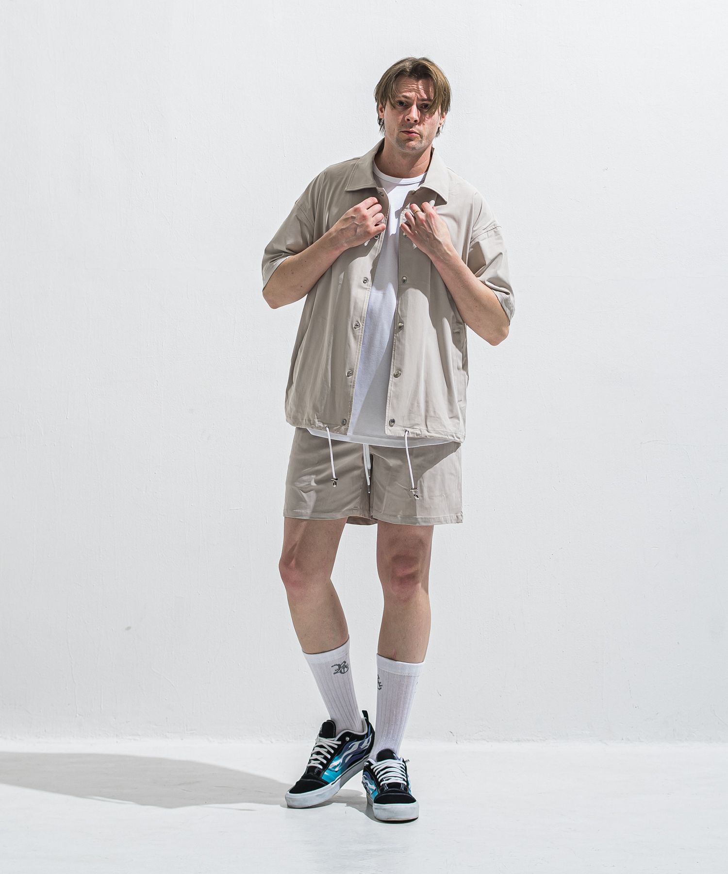 NYLON HALF COACH JACKET / RC40-C-002 / 半袖ナイロンコーチジャケット / グレージュ (5月中旬入荷予定)