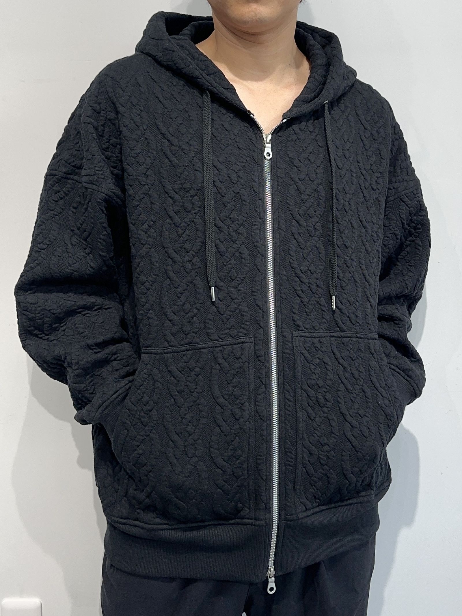 CABLE DROP ZIP HOODIE / RC33-C-004 / ケーブルジップパーカー / ブラック