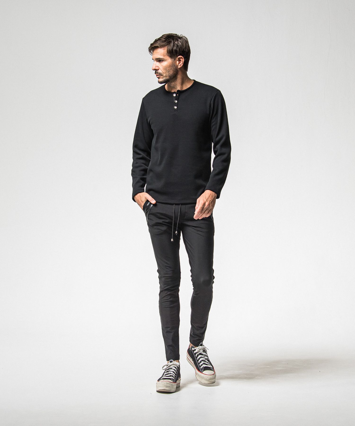 VELOURS FLEECE THERMAL HENRY / RC38-C-003 / 裏起毛サーマルヘンリーネックロングTシャツ / ブラック (10月中旬入荷予定)