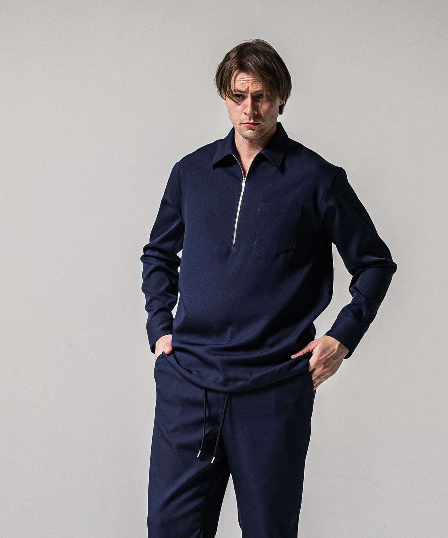 PULLOVER SATIN SHIRT / RC39-SH-002 / ハーフジップサテンシャツ / ネイビー (3月上旬入荷予定)