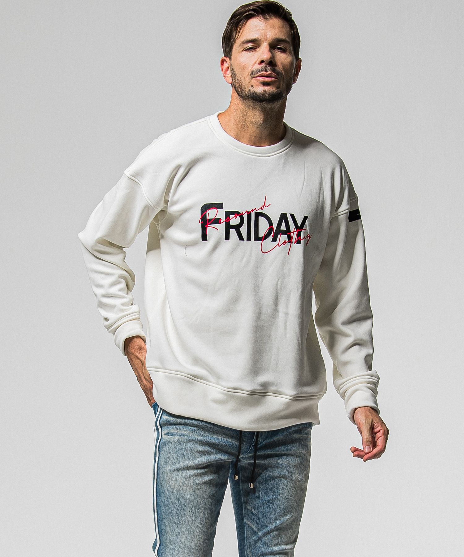 【FRIDAYコラボ】 FRIDAY OLD LOGO VELOURS FLEECE TRAINER / RCF1-C-003 / 裏起毛FRIDAYオールドロゴトレーナー / ホワイト (11月上旬入荷予定)