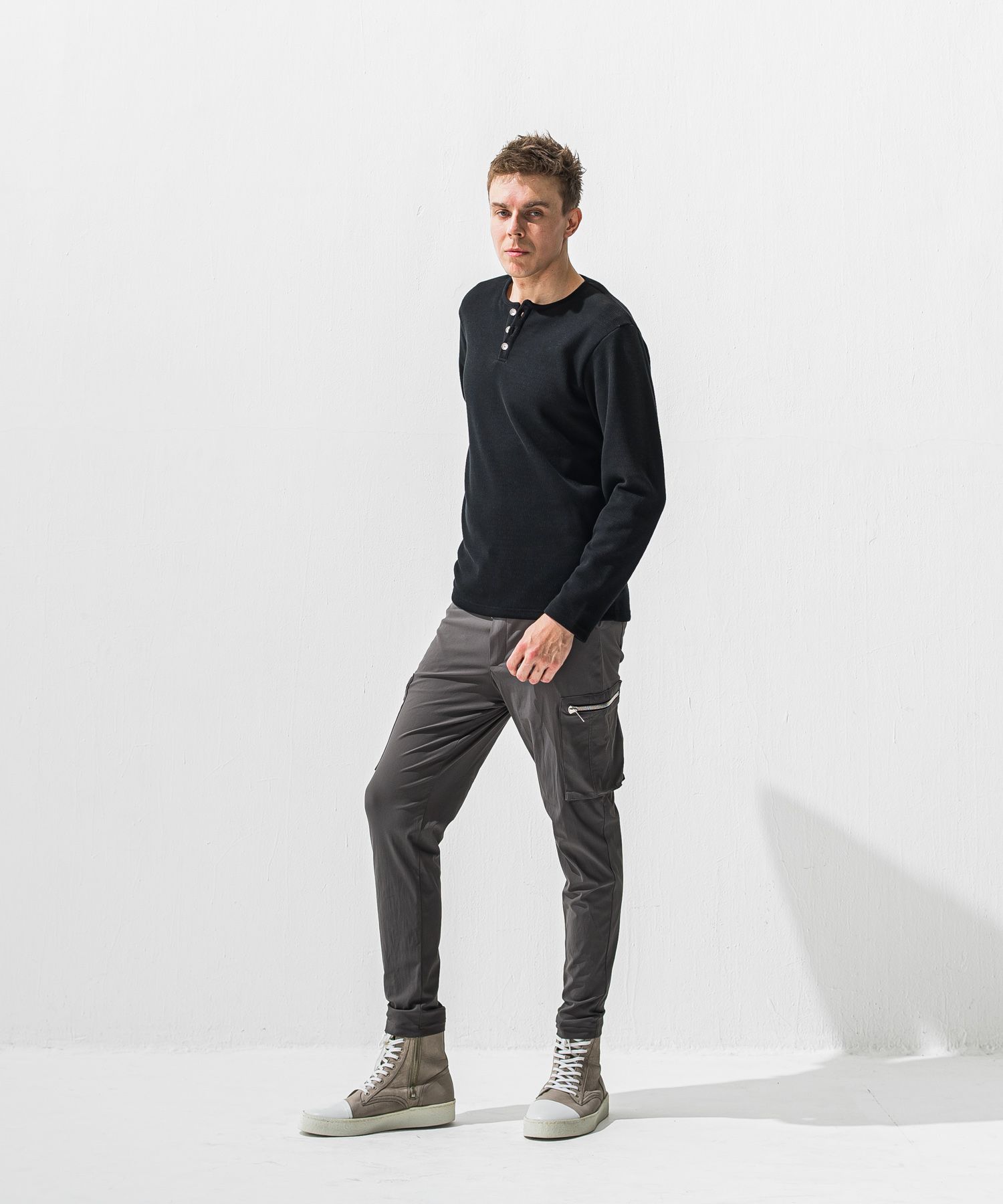 VELOURS FLEECE THERMAL HENRY / RC42-C-003 / 裏起毛サーマルヘンリーネックロングTシャツ / ブラック (10月下旬入荷予定)