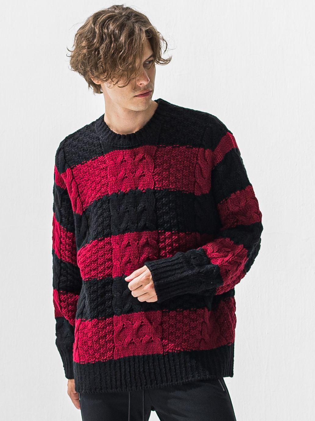 CABLE LAW SWEATER / RC42-K-002 / ケーブルニット / ブラック×レッド (10月下旬入荷予定)