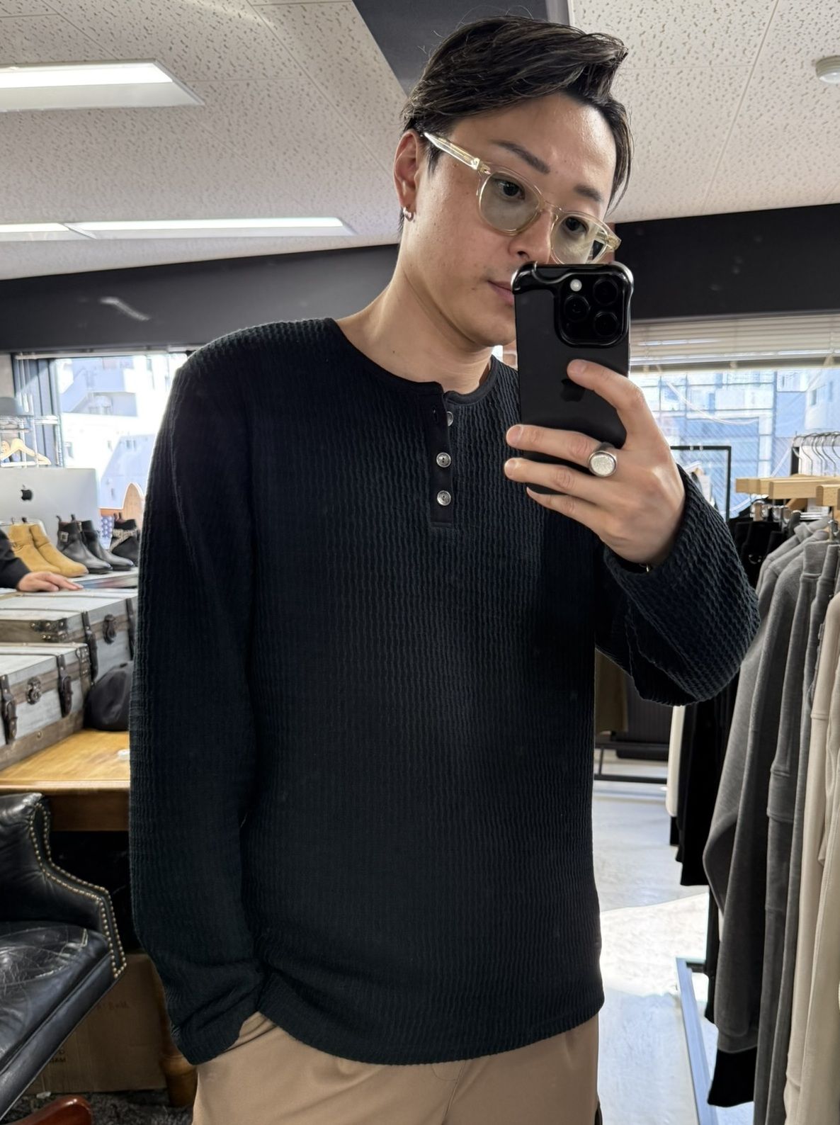 KNT HENRY / RC41-C-001 / コットンニットヘンリーネックロングTシャツ / ブラック (9月上旬入荷予定)