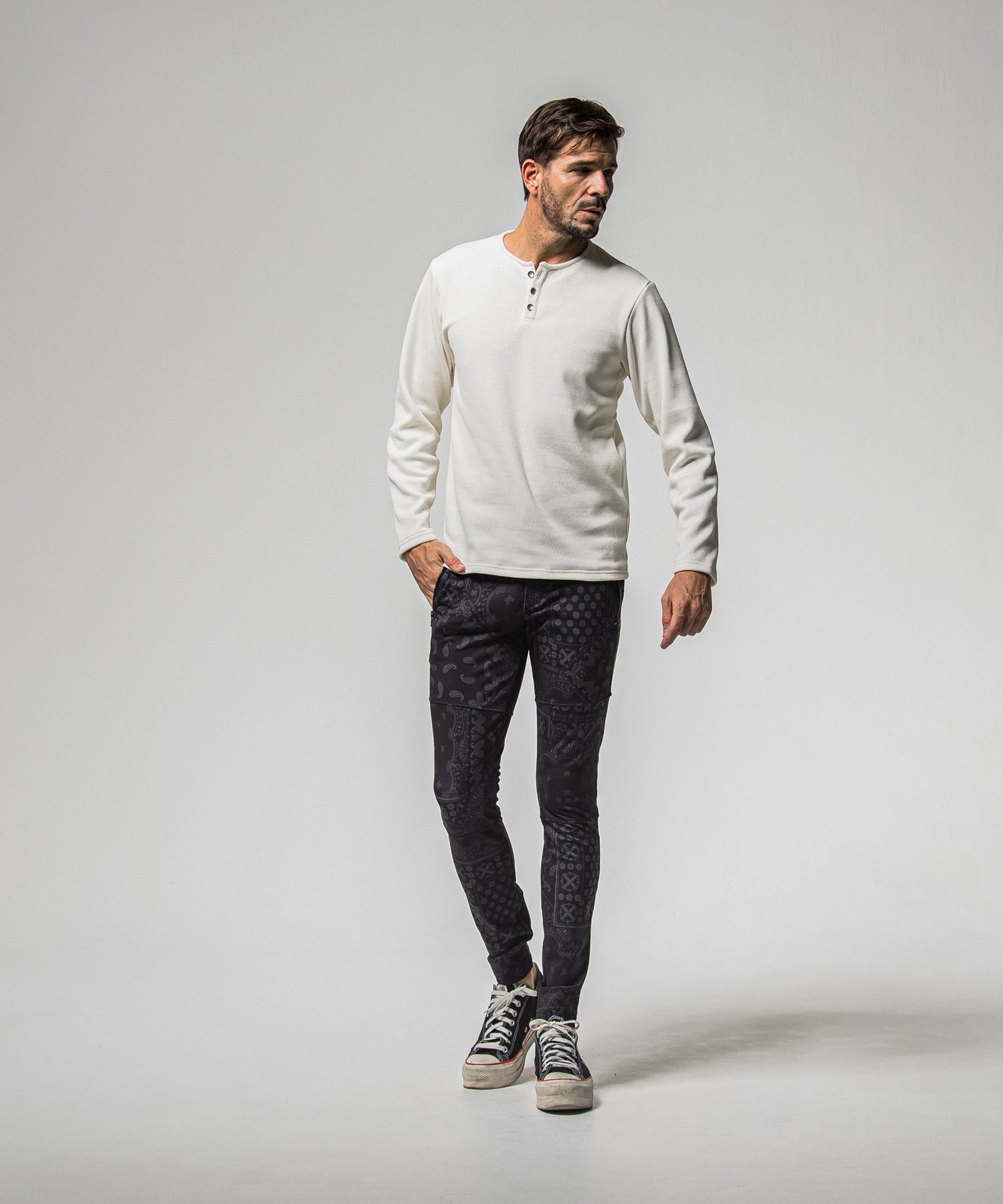 VELOURS FLEECE THERMAL HENRY / RC38-C-003 / 裏起毛サーマルヘンリーネックロングTシャツ / ホワイト (10月中旬入荷予定)