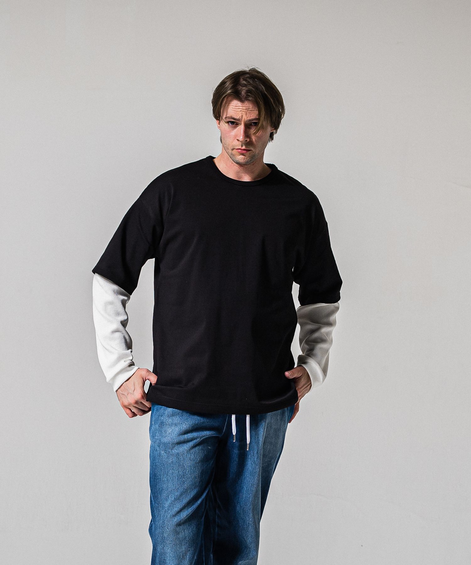 FAKE LAYERED WAFFLE LONG SLEEVE / RC39-T-007 / サーマルレイヤードロングスリーブTシャツ / ブラック×ホワイト (1月下旬入荷予定)