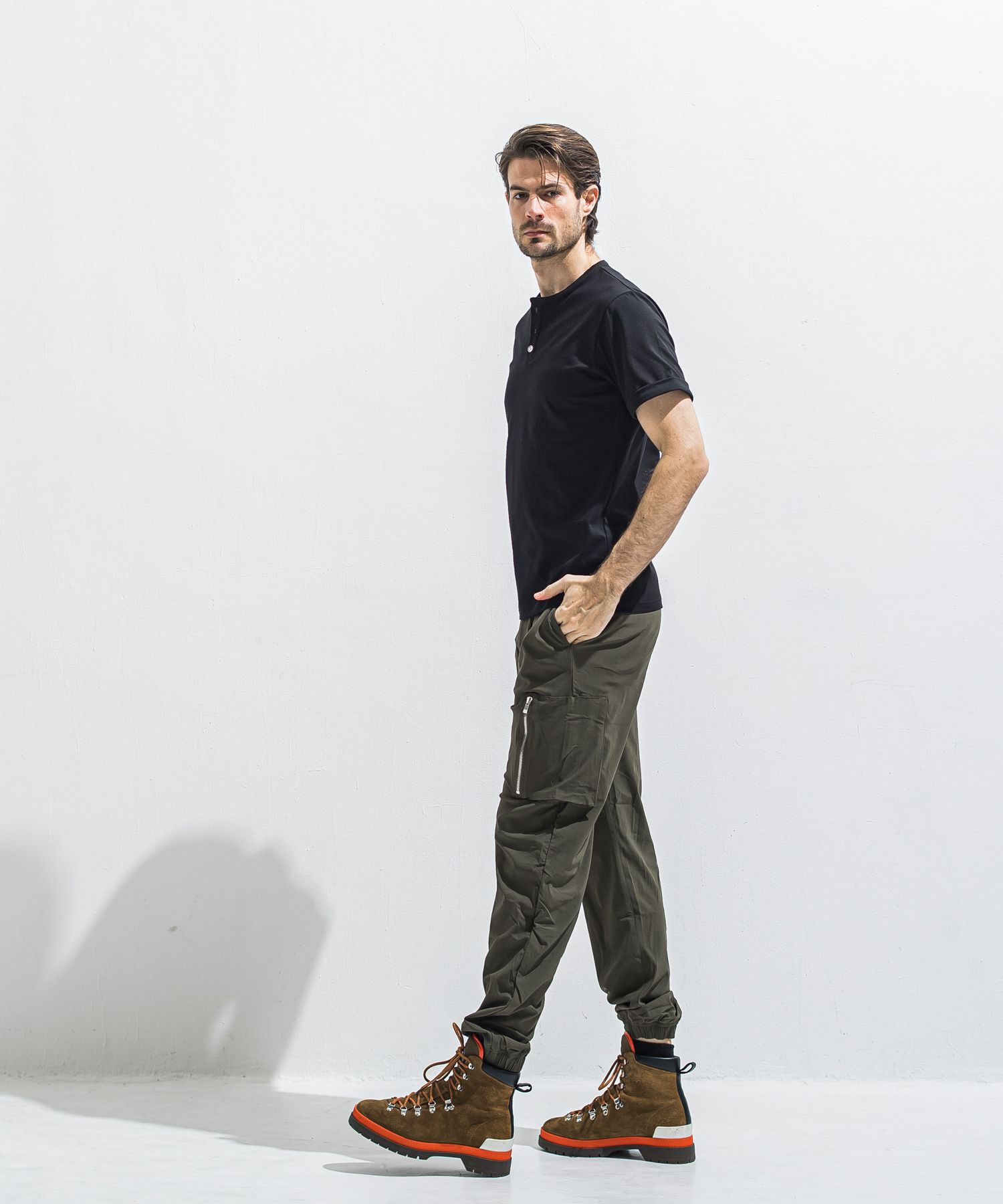 DAVID NYLON CARGO PANTS / RC40-ST-040 / ミリタリーナイロン裾ゴムカーゴパンツ / カーキ (6月中旬入荷予定)