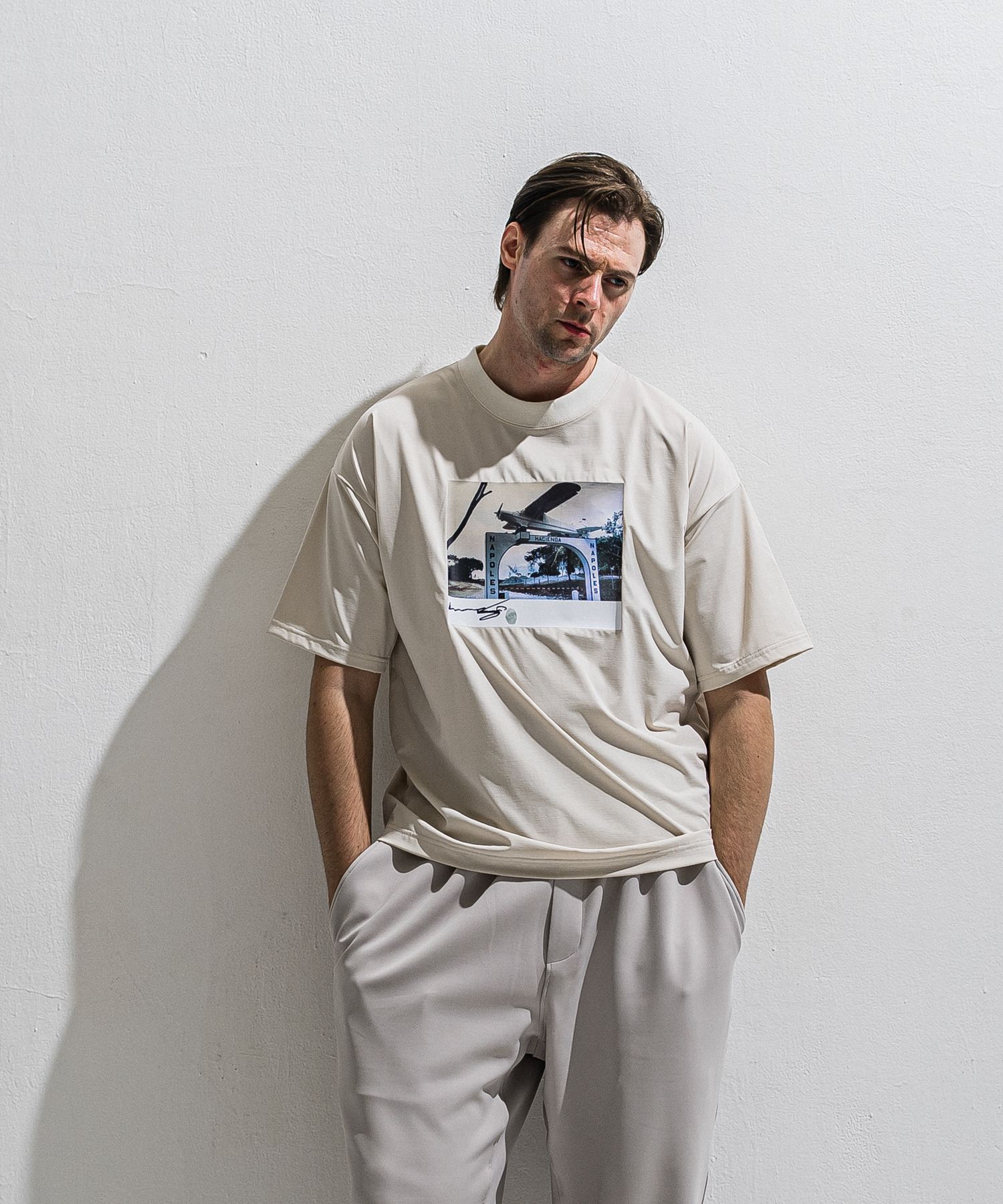 HELI OVER NYLON T / DP1-T-004 / ヘリプリントナイロンビッグTシャツ / グレージュ (4月上旬入荷予定)