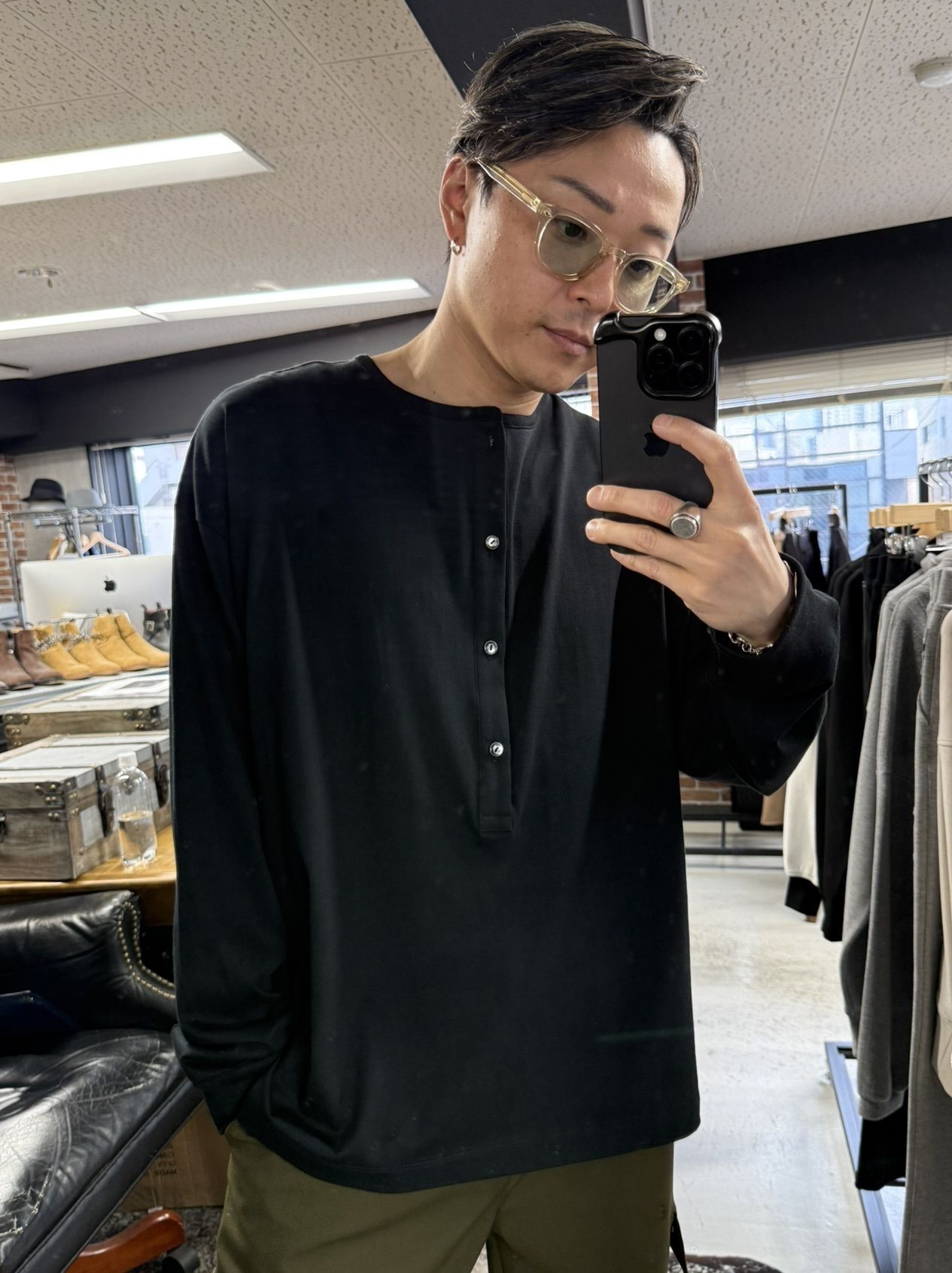 OVER HENRY LONGSLEEVE / RC41-T-004 / オーバーサイズヘンリーネック長袖Tシャツ / ブラック (7月中旬入荷予定)