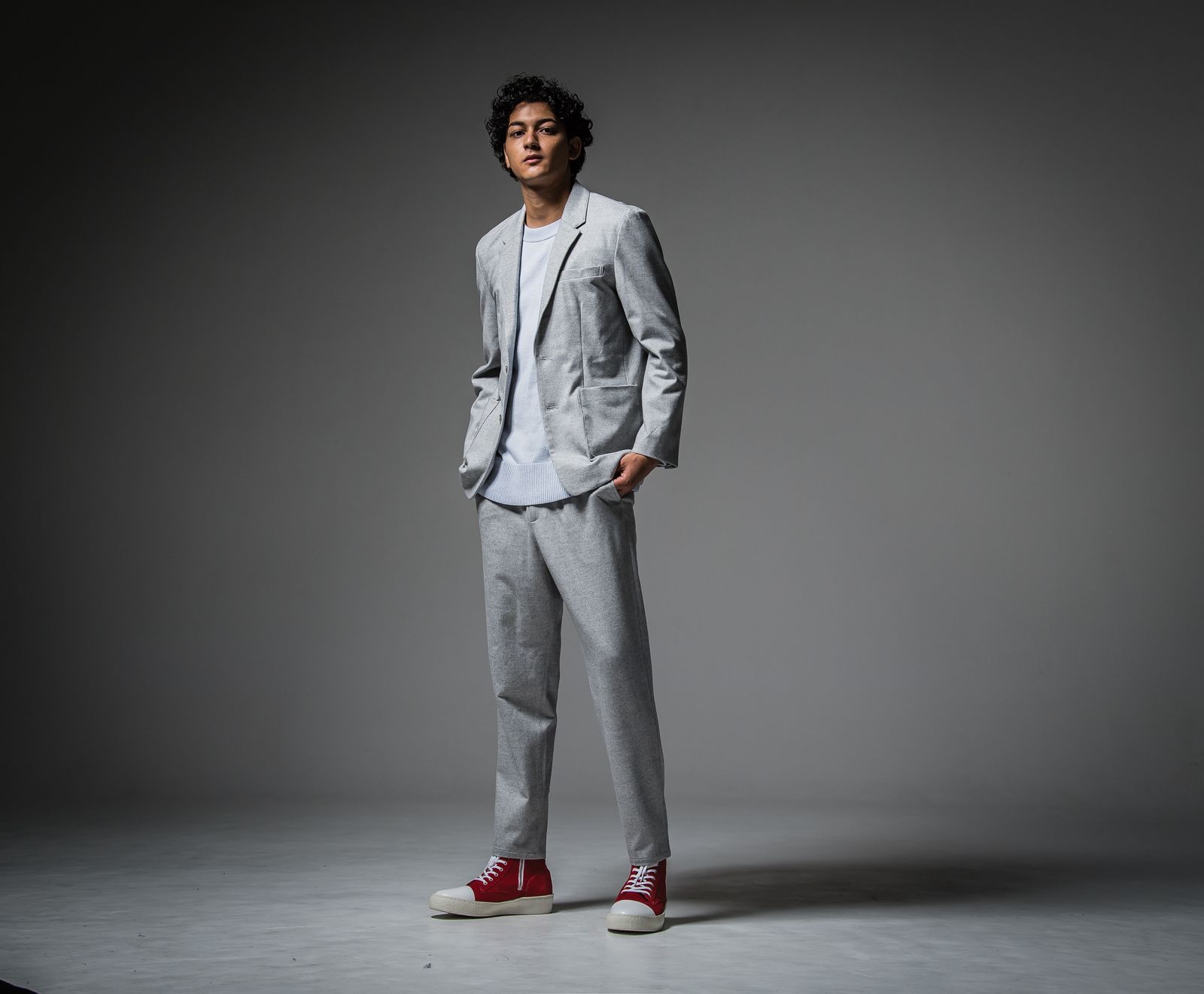 PAT WIDE EASY PANTS / RC30-ST-036 / ベルト付きテーパードワイドパンツ / グレーウール