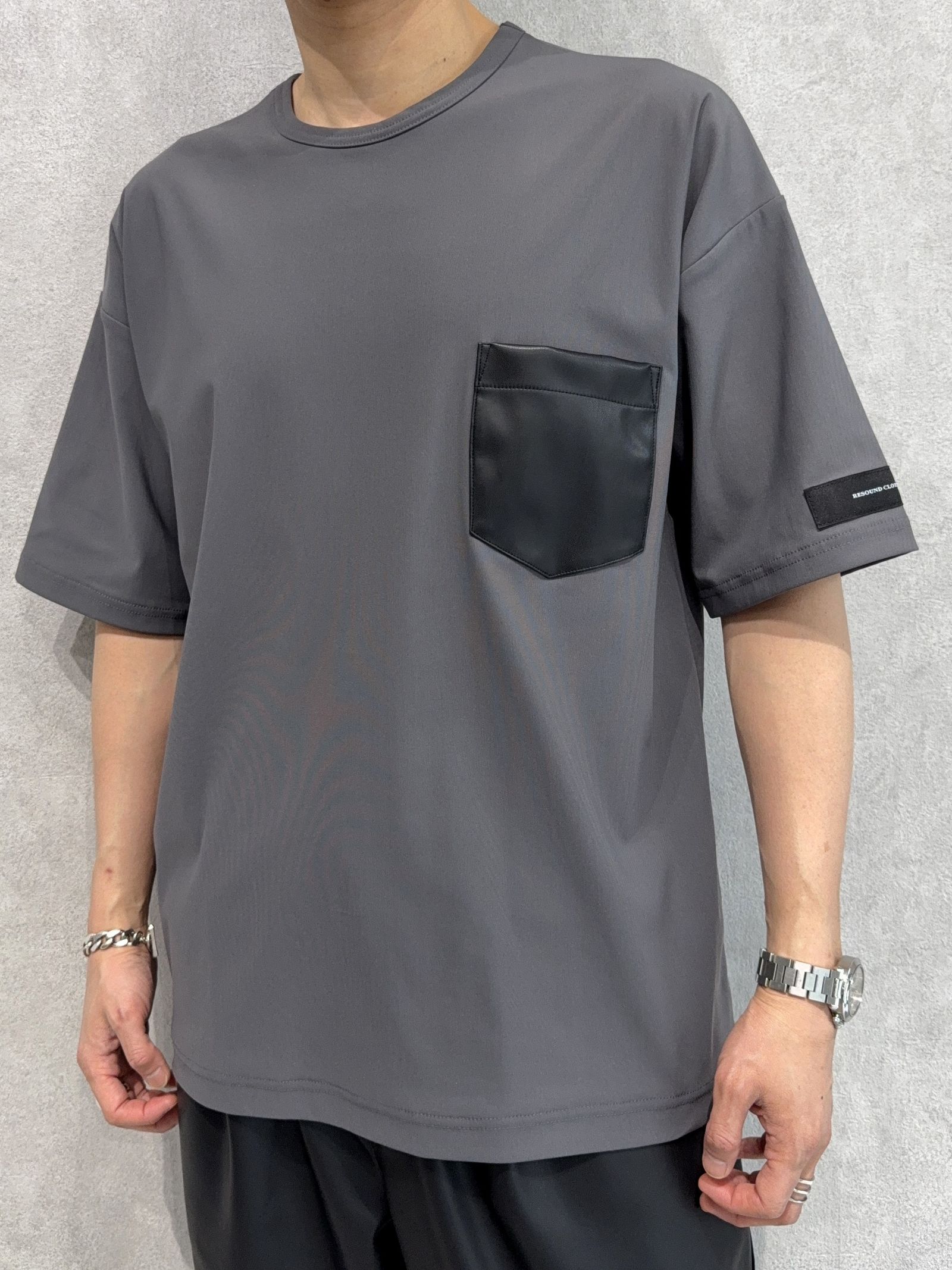 LEATHER POCKET OVER NYLON T / RC39-T-005 / レザーポケットナイロンビッグTシャツ / グレー