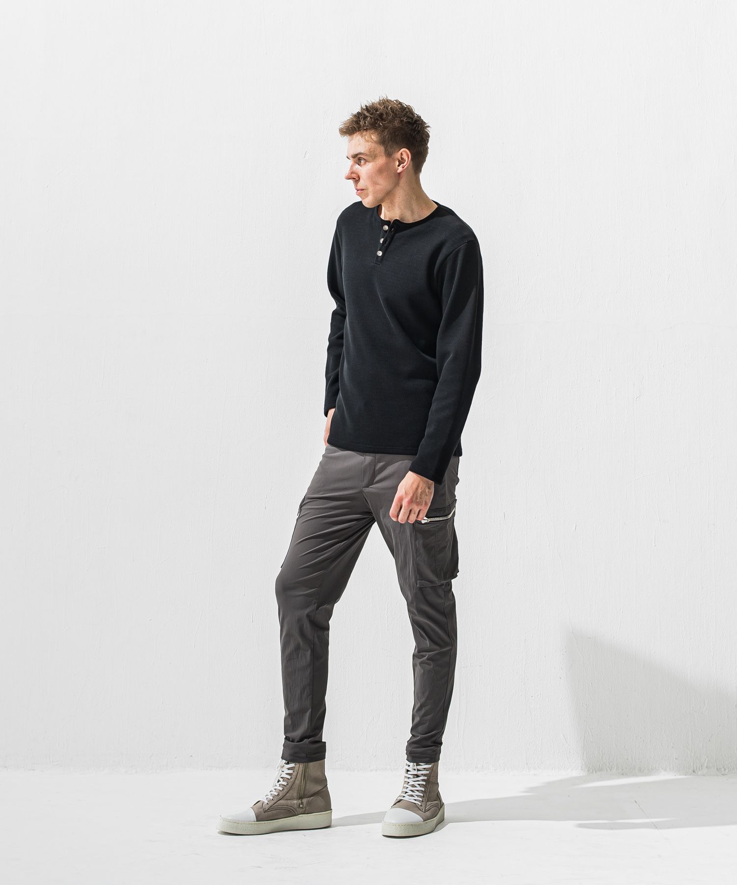 VELOURS FLEECE THERMAL HENRY / RC42-C-003 / 裏起毛サーマルヘンリーネックロングTシャツ / ブラック (10月下旬入荷予定)