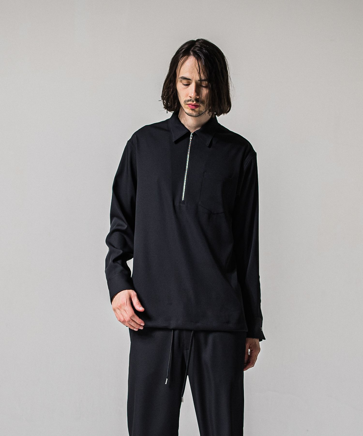 PULLOVER SATIN SHIRT / RC39-SH-002 / ハーフジップサテンシャツ / ブラック (3月上旬入荷予定)