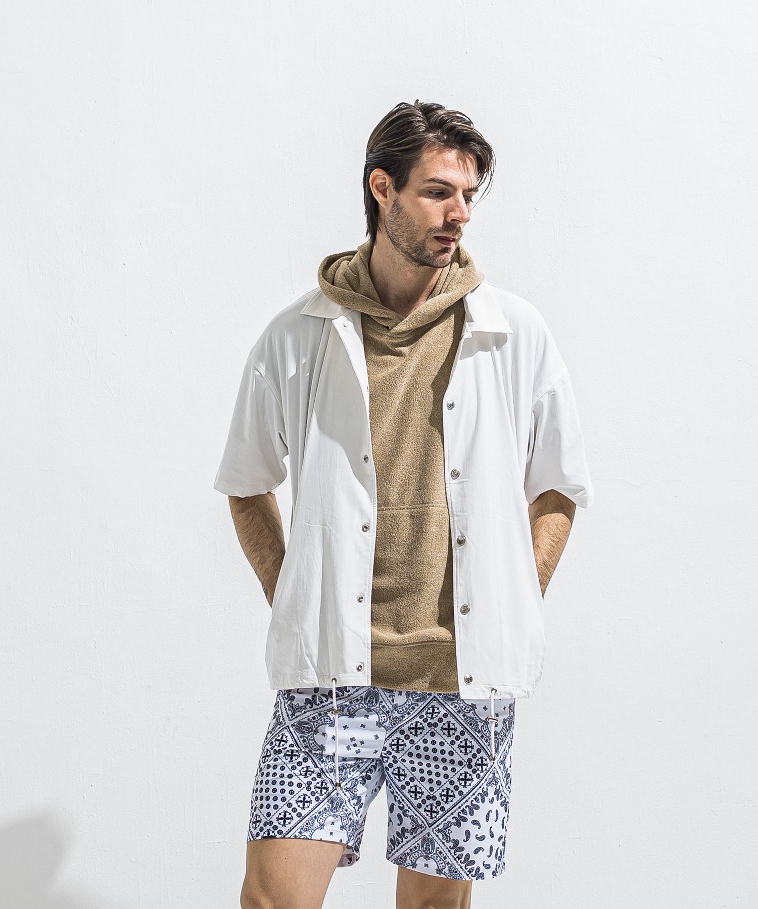 NYLON HALF COACH JACKET / RC40-C-002 / 半袖ナイロンコーチジャケット / ホワイト (5月中旬入荷予定)