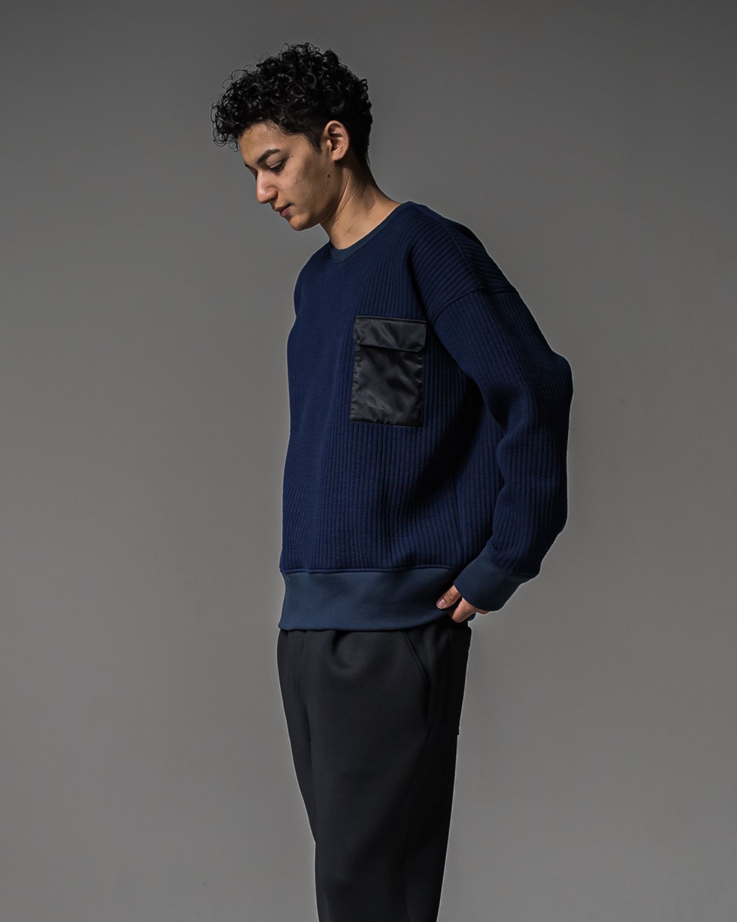 STRIPE QUILTING DROP TRAINER / RC37-C-003 / ストライプキルティングトレーナー / ネイビー (9月下旬入荷予定)
