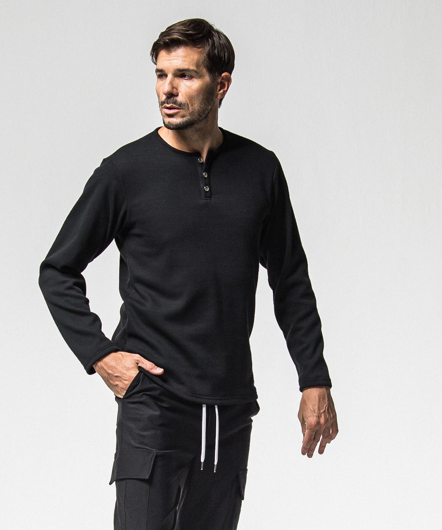 VELOURS FLEECE THERMAL HENRY / RC38-C-003 / 裏起毛サーマルヘンリーネックロングTシャツ / ブラック (10月中旬入荷予定)