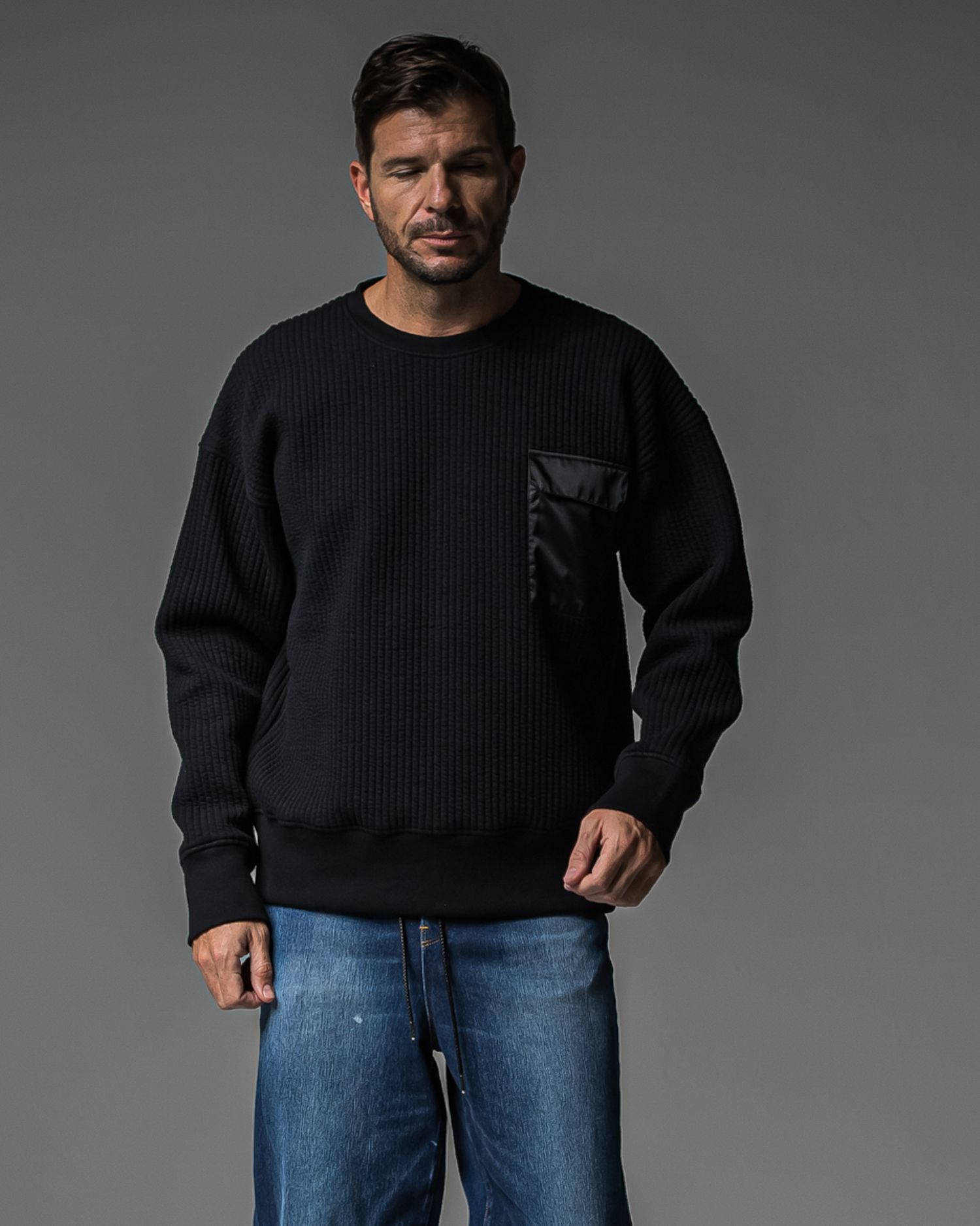 STRIPE QUILTING DROP TRAINER / RC37-C-003 / ストライプキルティングトレーナー / ブラック (9月下旬入荷予定)