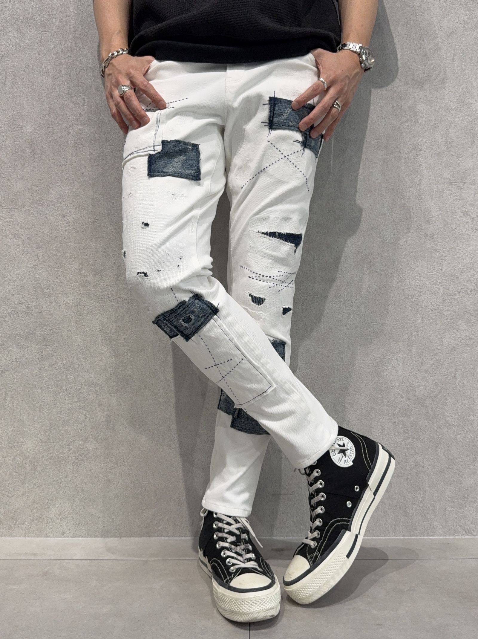 MICK DENIM JERSEY / BASIC-ST-020 / デニムジャージテーパードパンツ / ホワイトリメイク