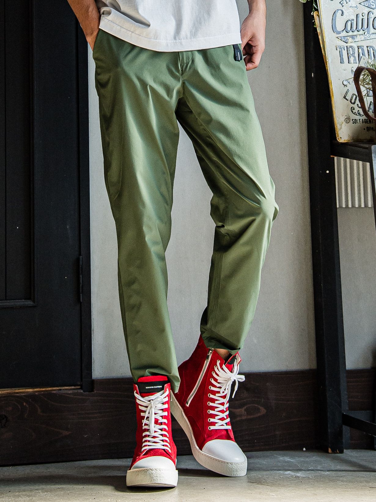 PAT WIDE EASY PANTS / RC31-ST-036 / ベルト付きテーパードワイドパンツ / ナイロンカーキ