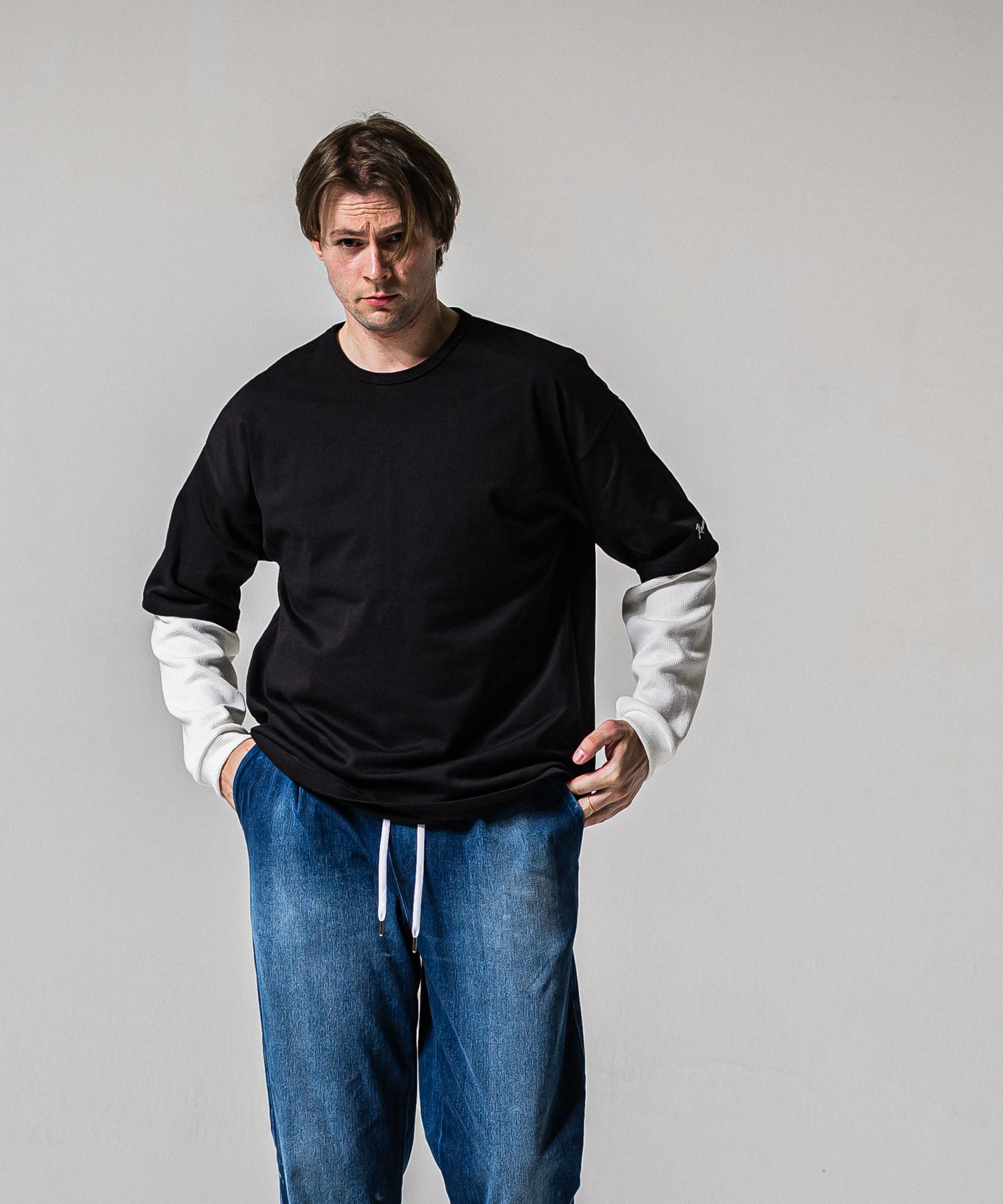 FAKE LAYERED WAFFLE LONG SLEEVE / RC39-T-007 / サーマルレイヤードロングスリーブTシャツ / ブラック×ホワイト (1月下旬入荷予定)