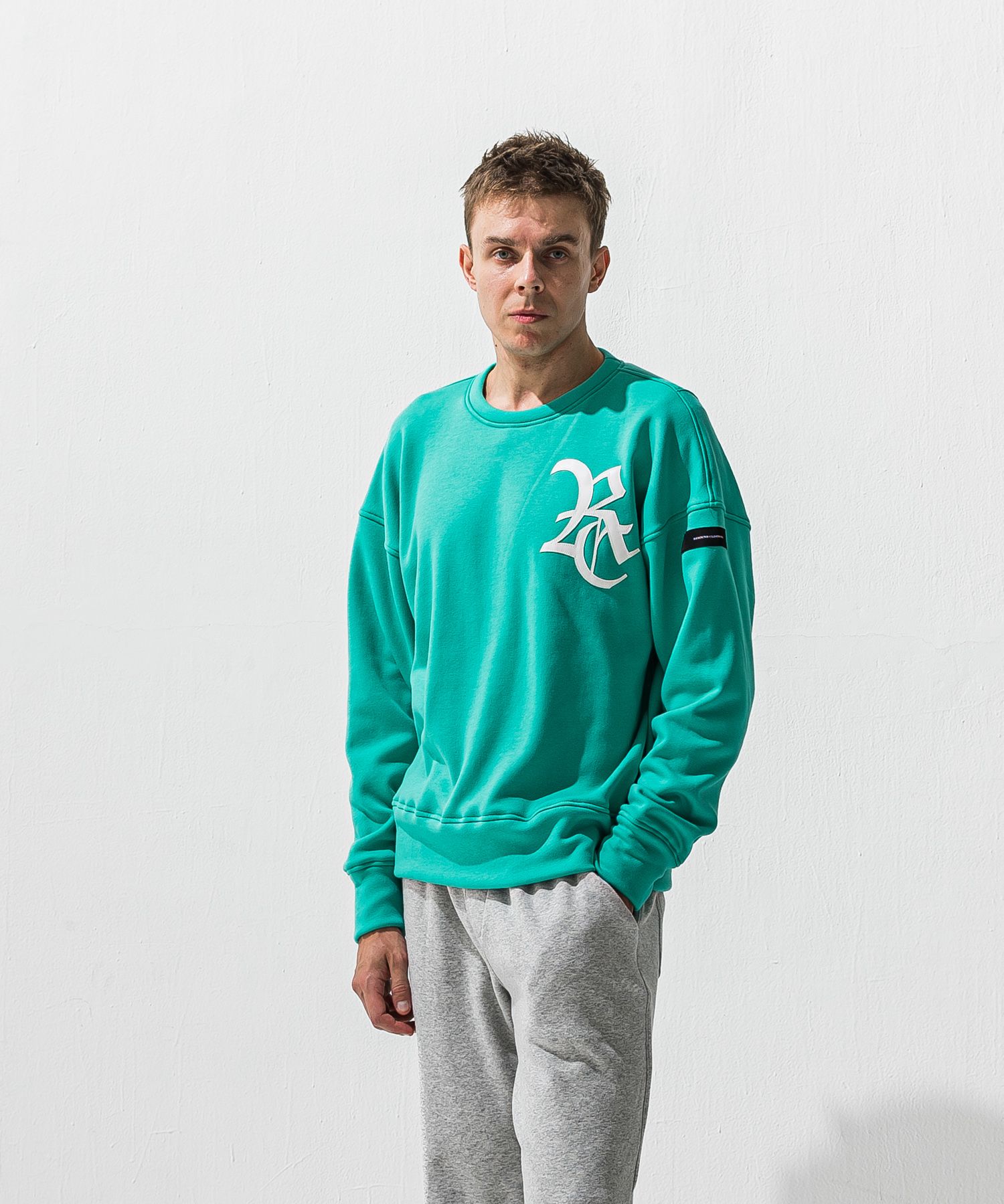 RC VELOURS FLEECE DROP TRAINER / RC42-C-005 / 裏起毛RCロゴトレーナー / ブルーグリーン (11月上旬入荷予定)